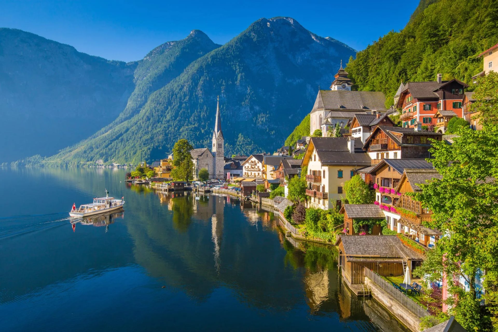 Hallstatt on the shore of the Hallstattersee below its wooded hillside