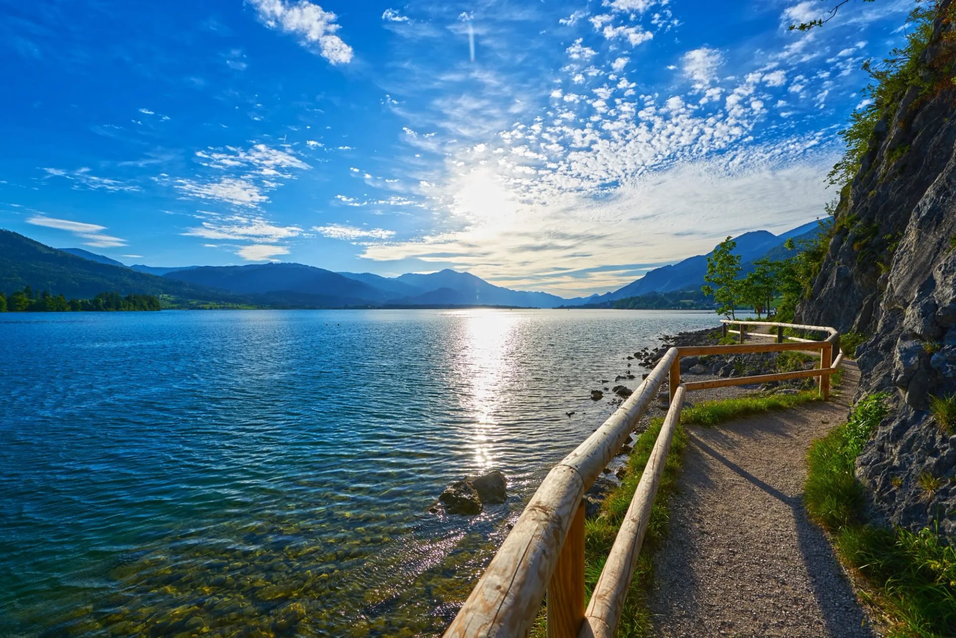 Wooden footbridge on the shore of Lake Wolfgang