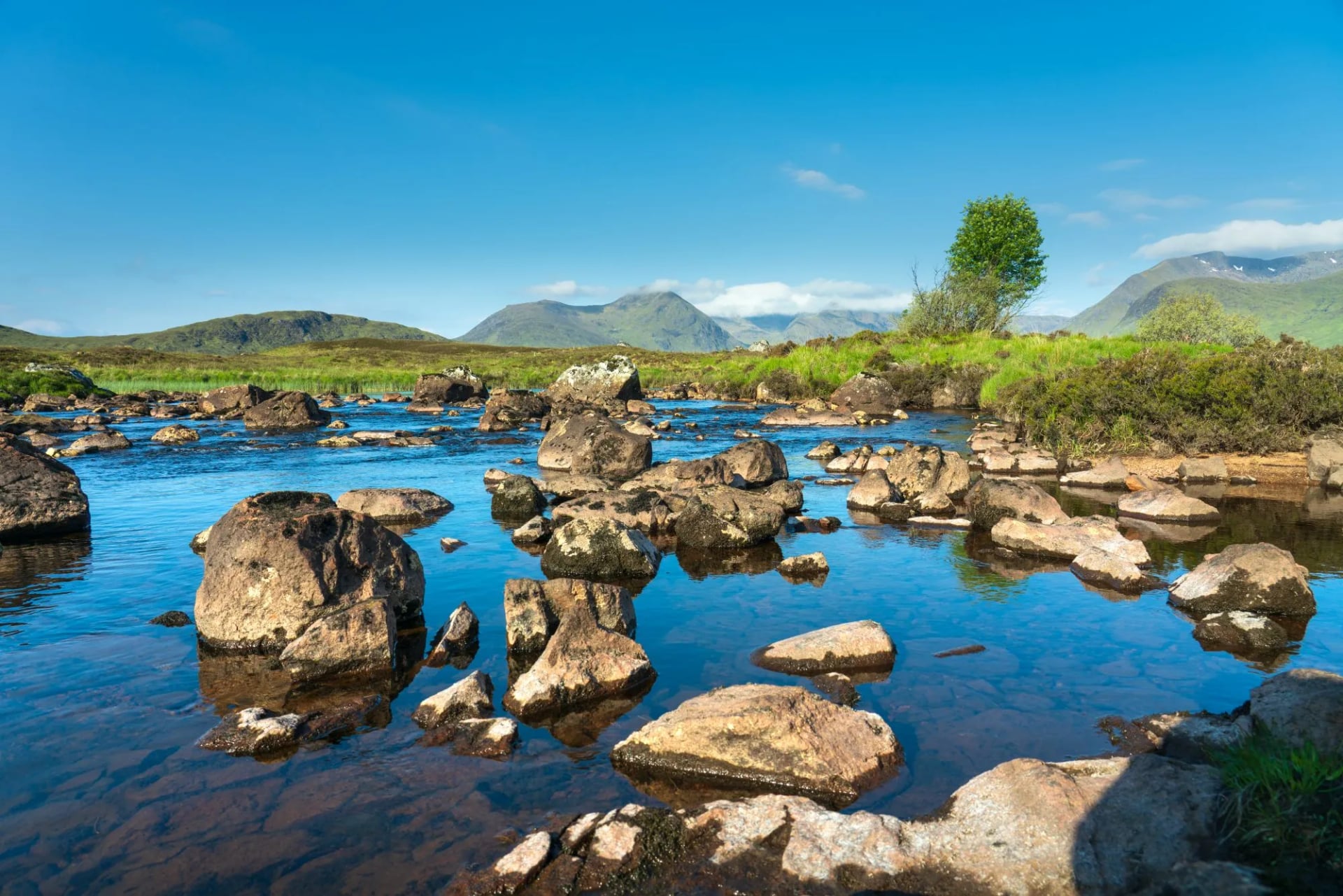 Sten i en blå sø på Rannoch Moor under en klar himmel