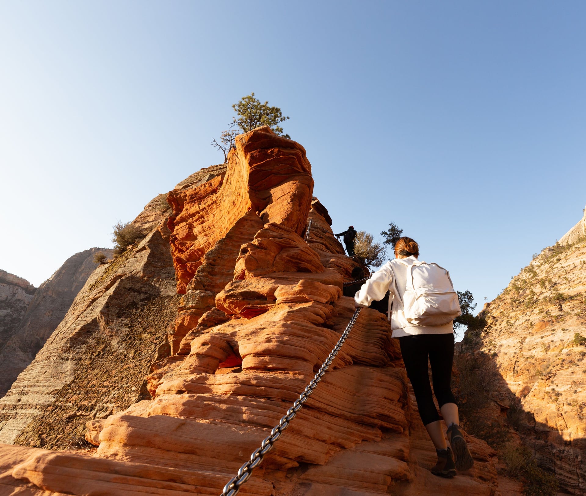A walker holding a chain on a narrow red sandstone fin in Zion