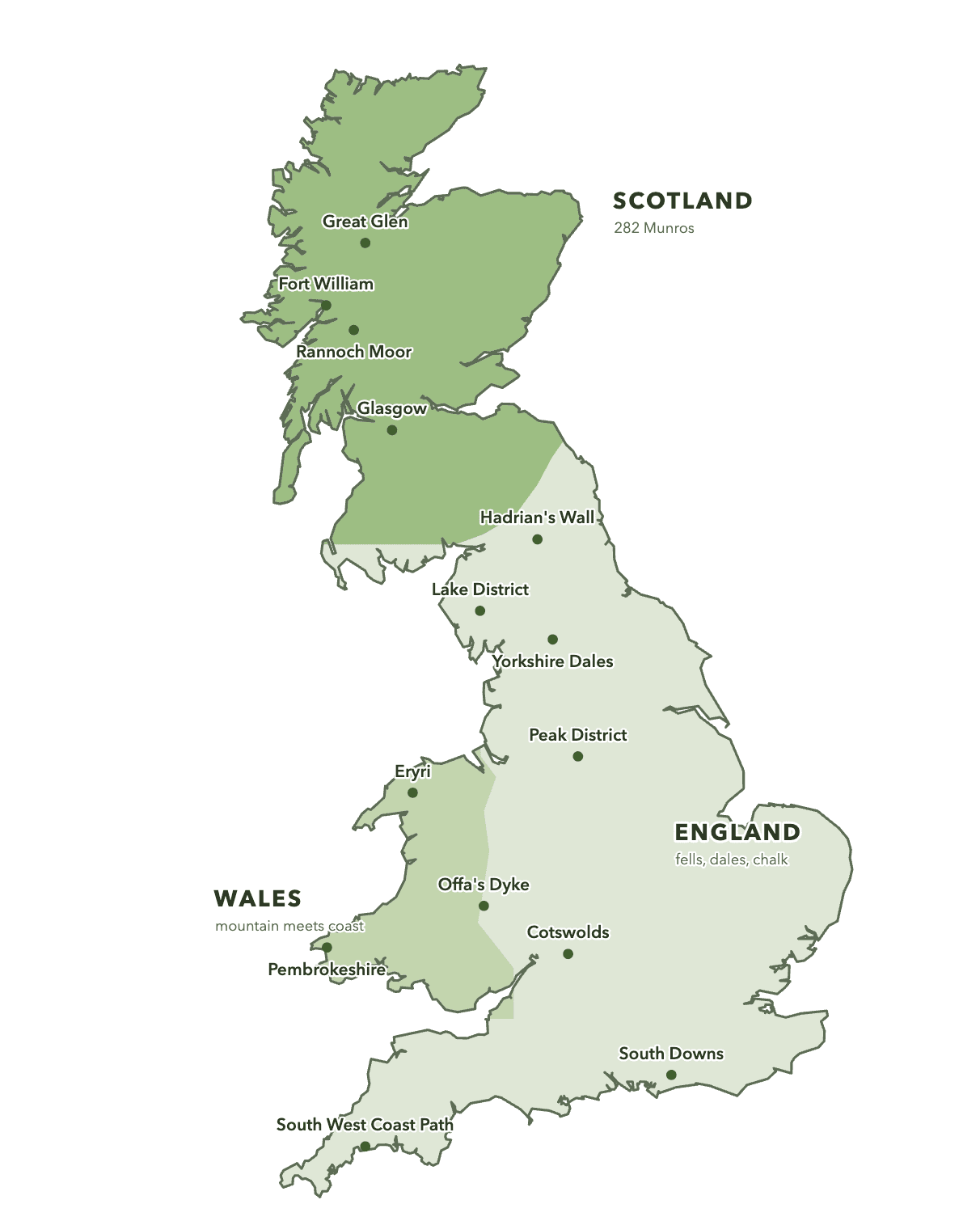 Map showing where Britain's best known walking areas sit across Scotland, England and Wales