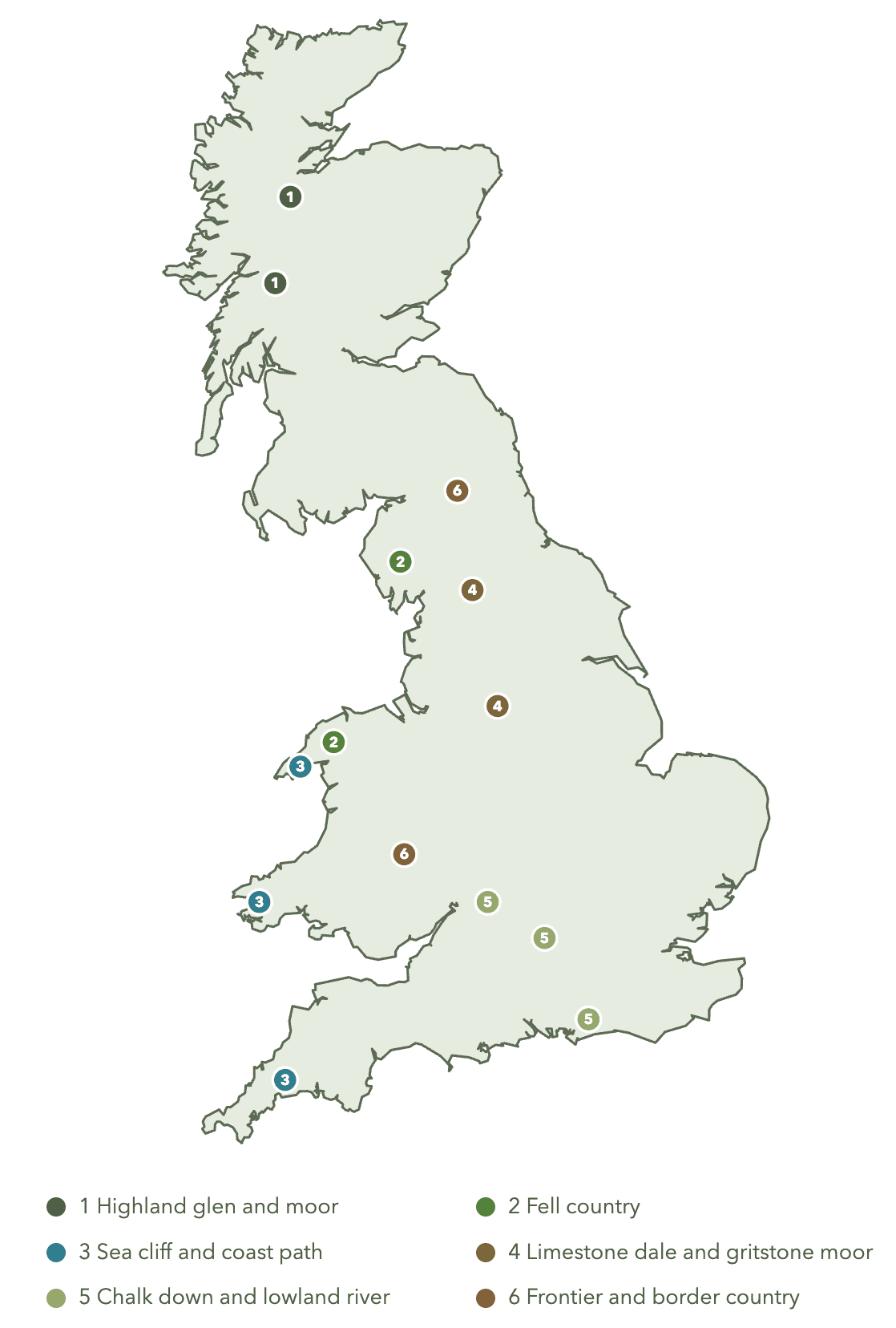 Map showing where each of the six British walking landscapes is found