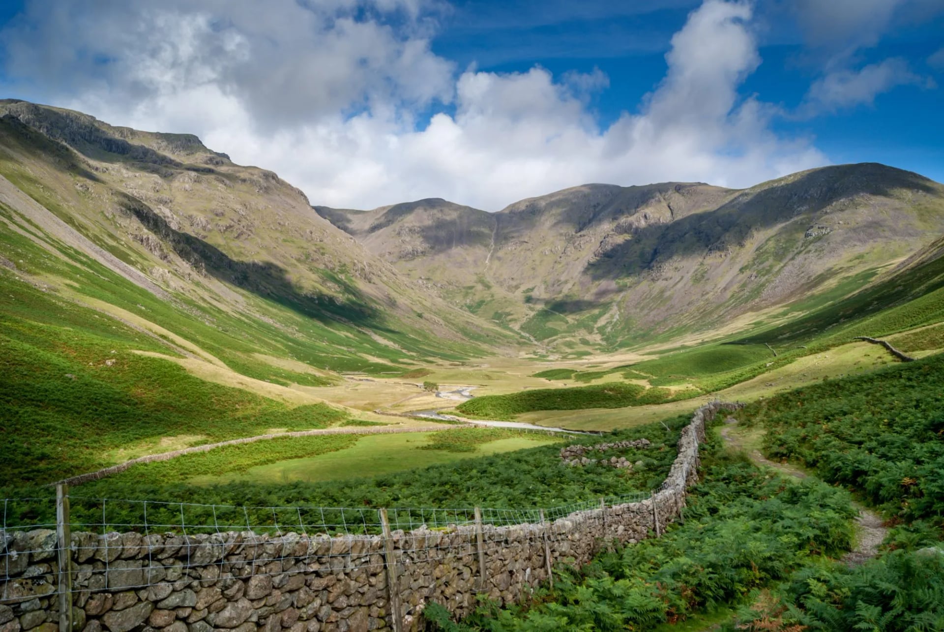 The green head of Wasdale ringed by fells with a drystone wall in front