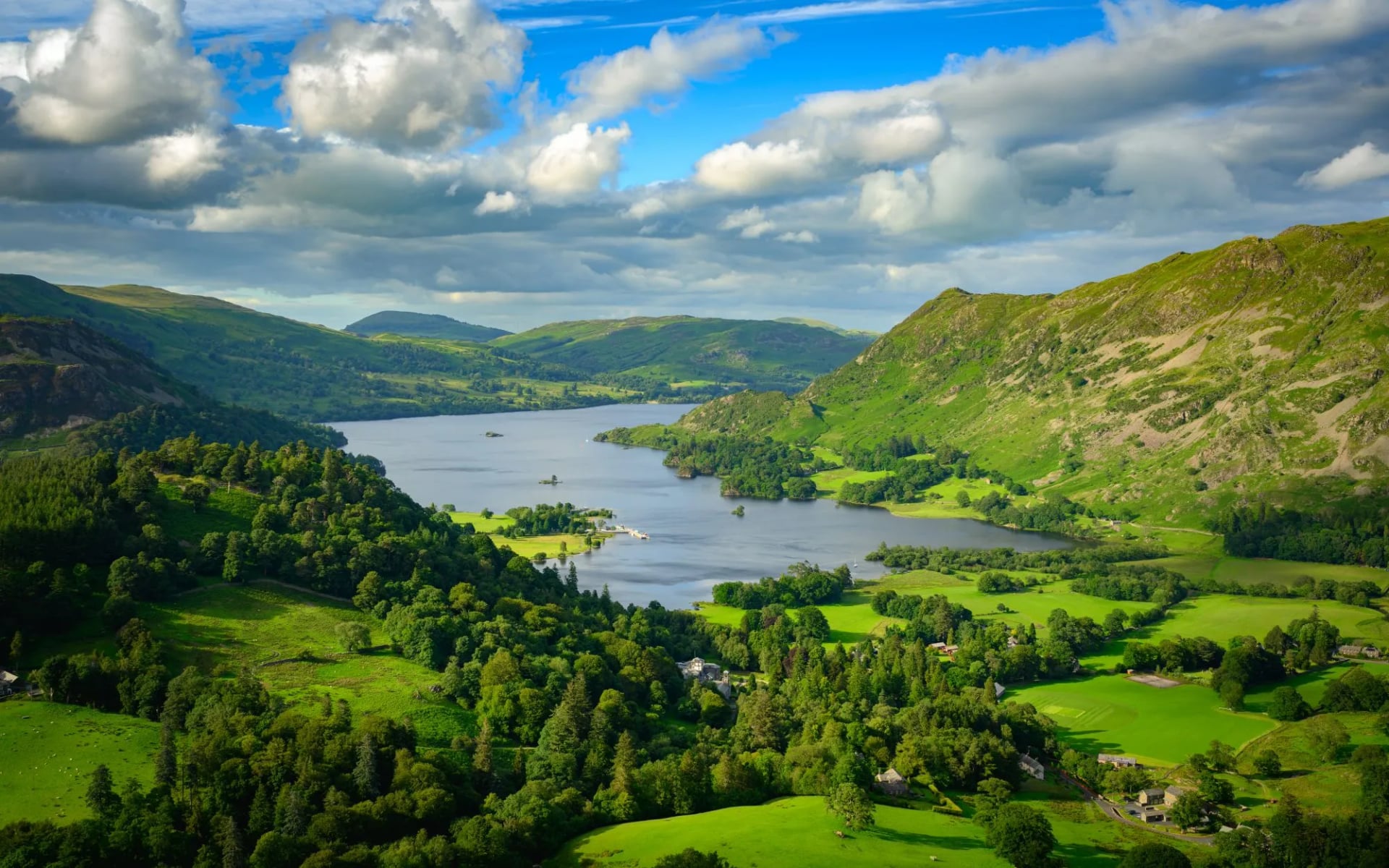 A high view down the length of Ullswater between green valley sides