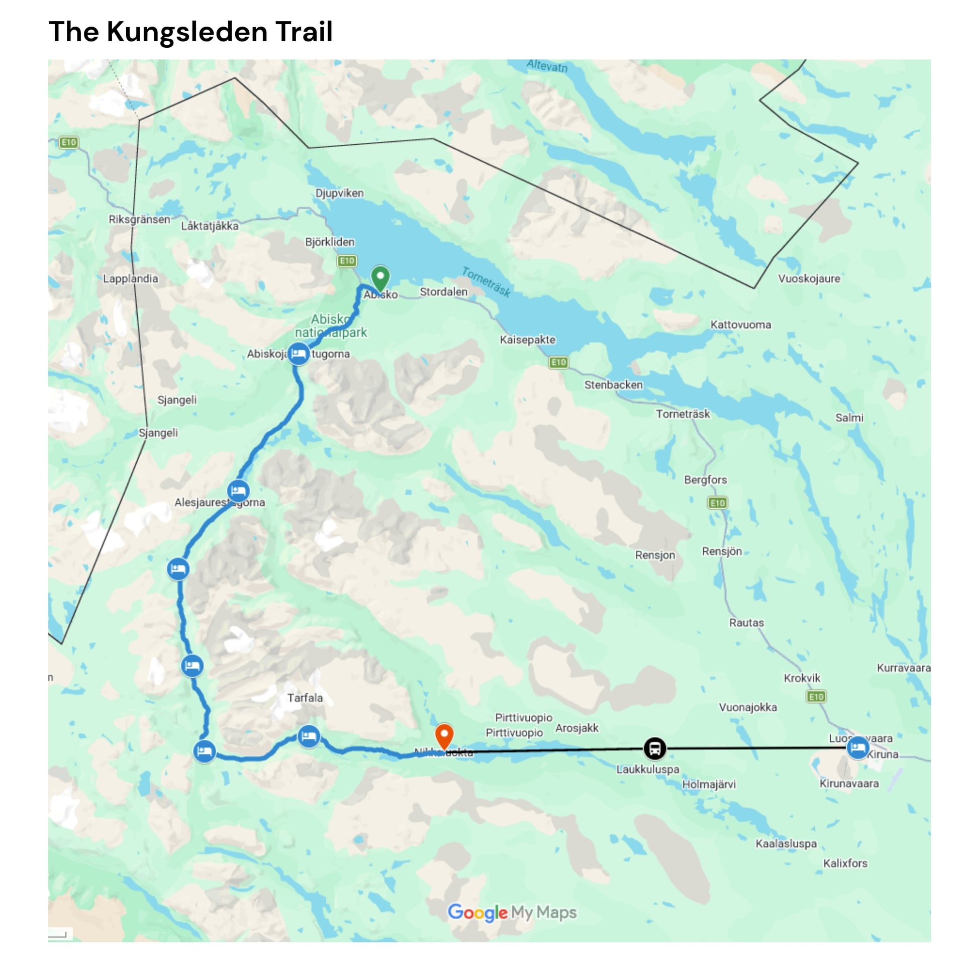 Map of the Kungsleden Trail showing the hiking route through northern Sweden