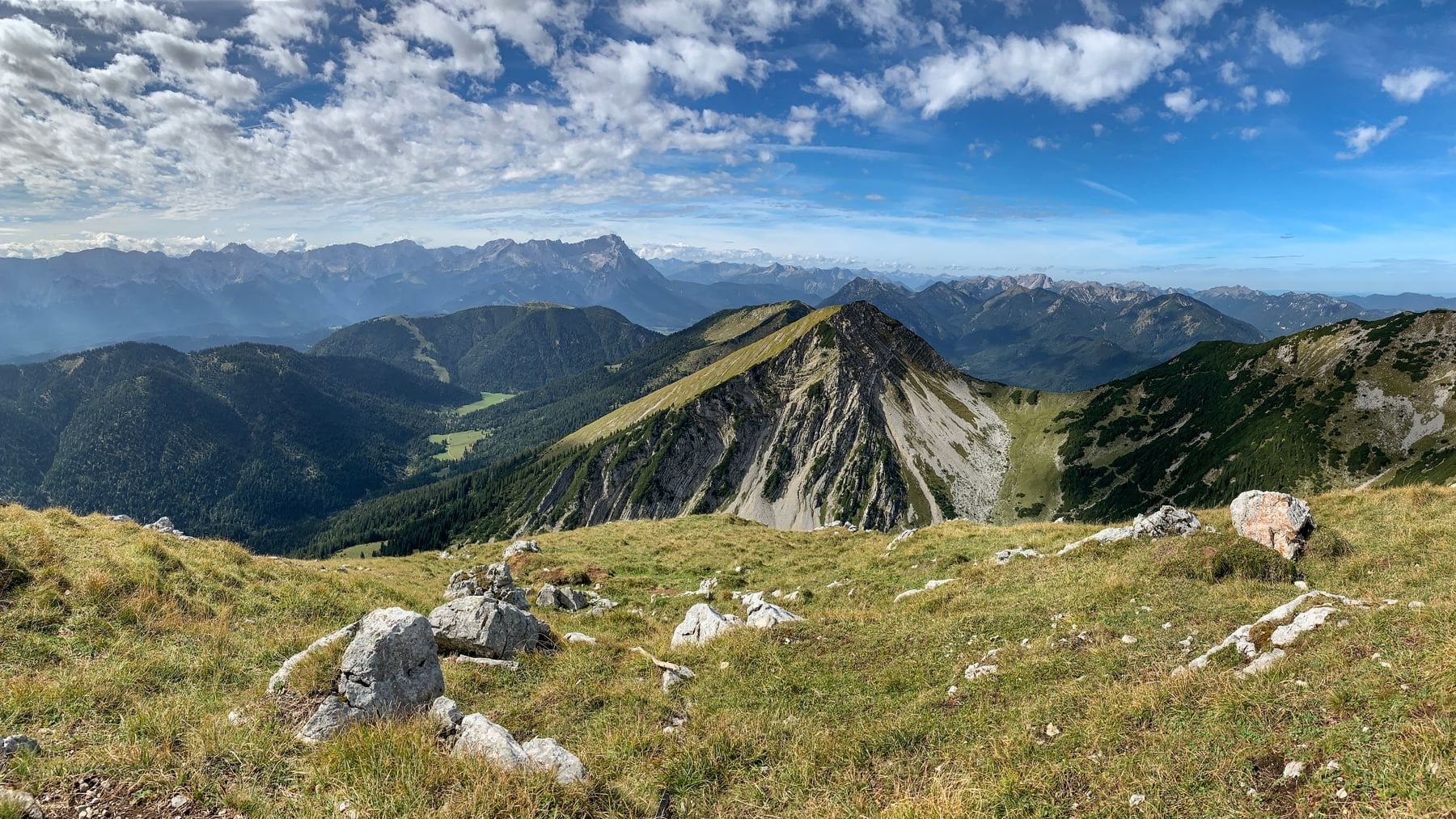 Panorama of the Bavarian Alps in summer under a clear sky