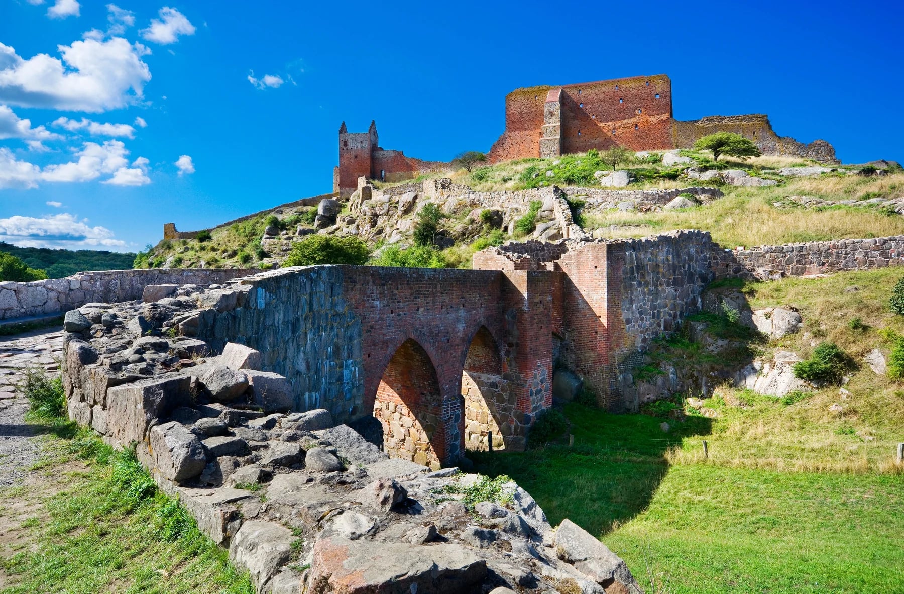 Les murs en briques et les arches en pierre de la ruine de Hammershus sur son promontoire herbeux