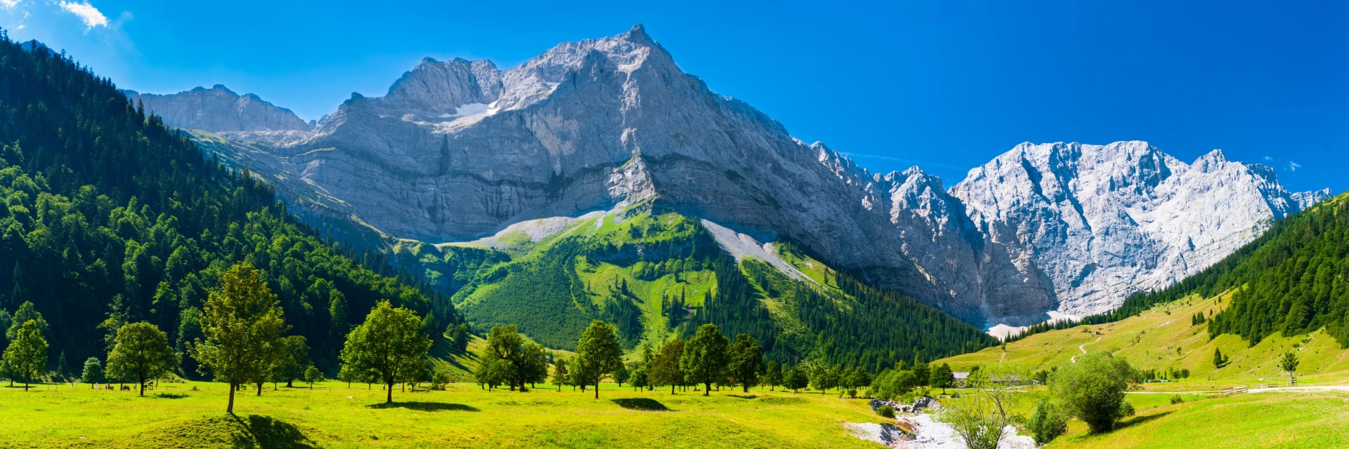 The Karwendel massif from the valley floor below the Goetheweg ridge
