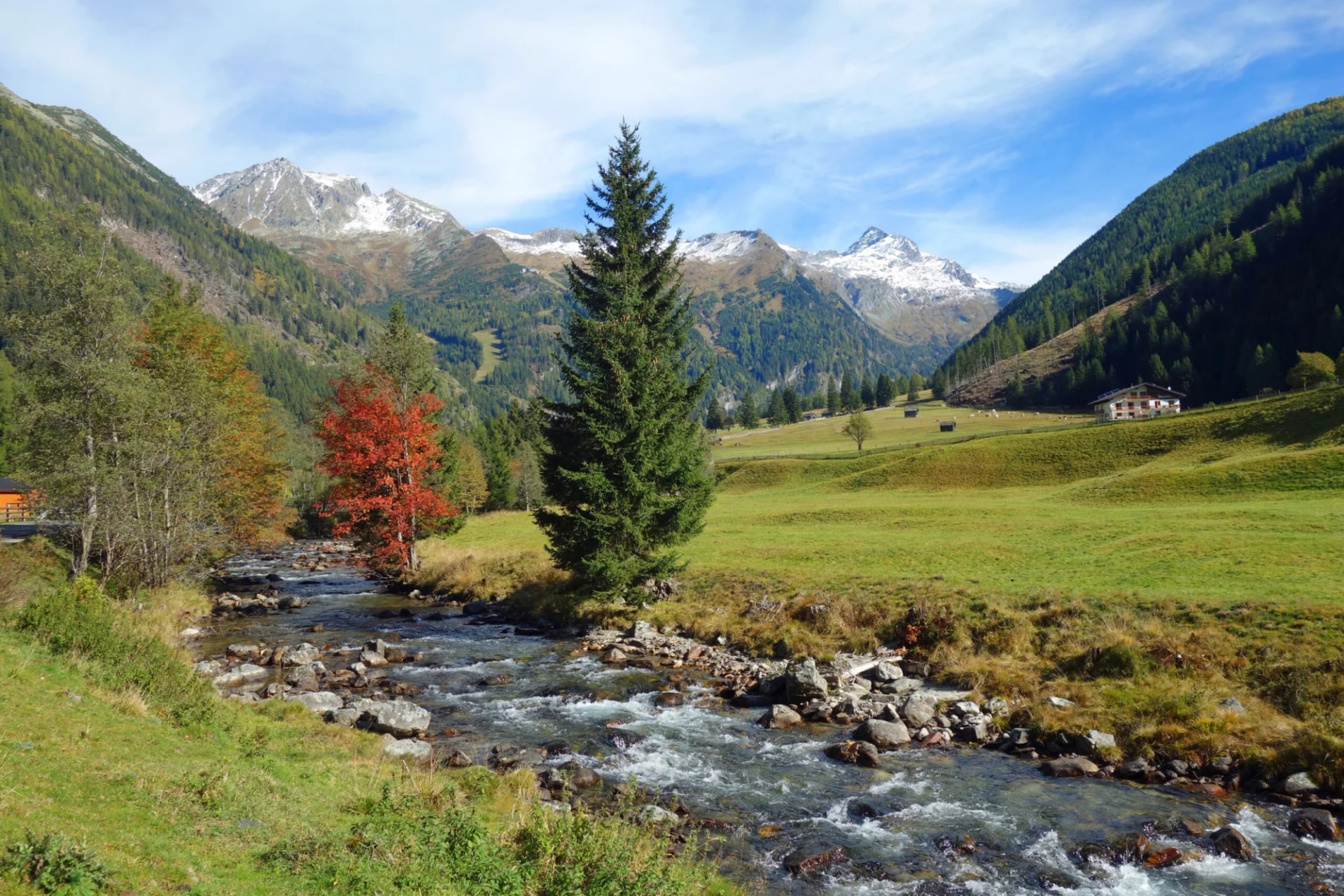 Mountain valley in Mallnitztal, Austria with stream, autumn trees, and snow-capped peaks.