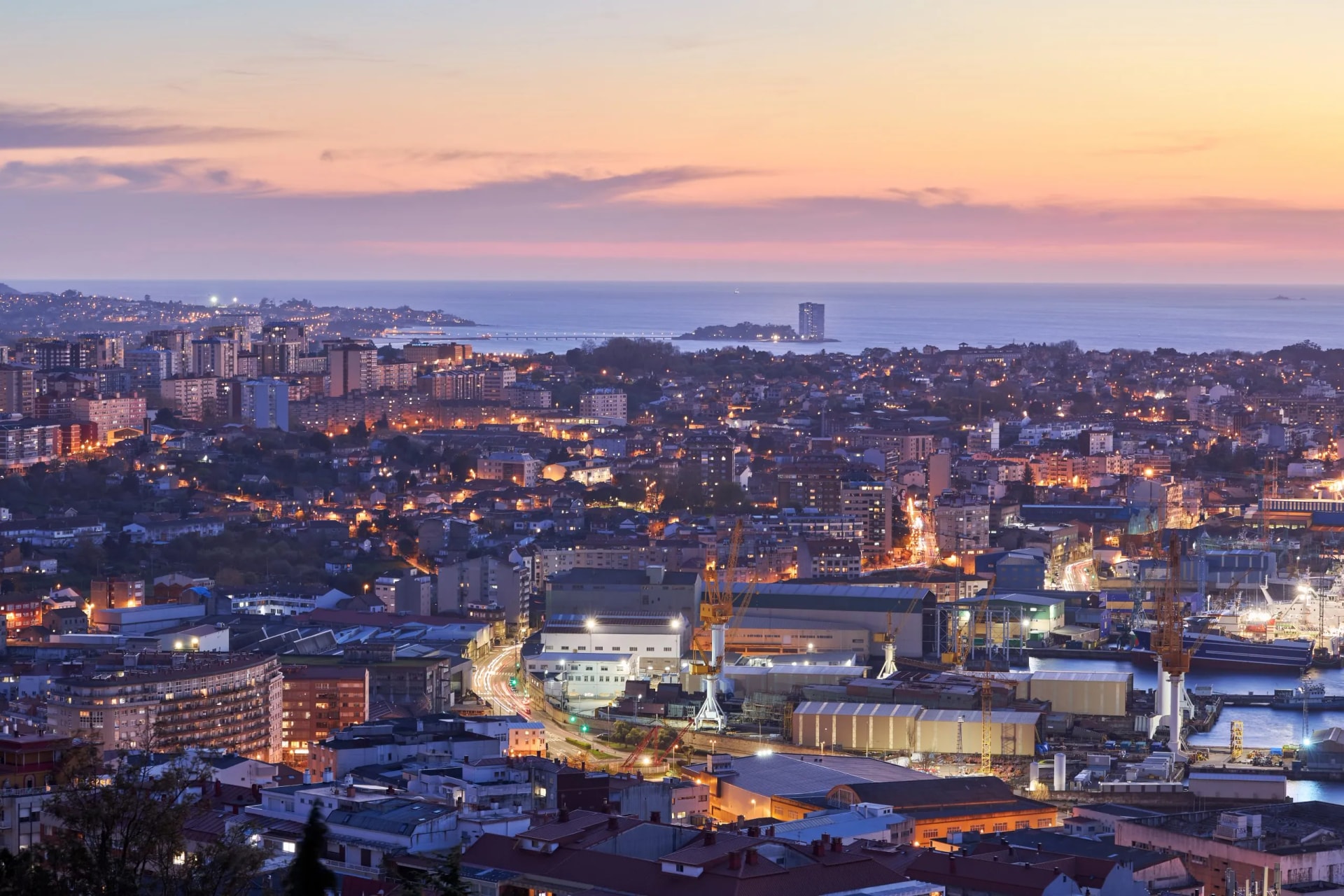 View at sunset of the city of Vigo, in Galicia, Spain.
