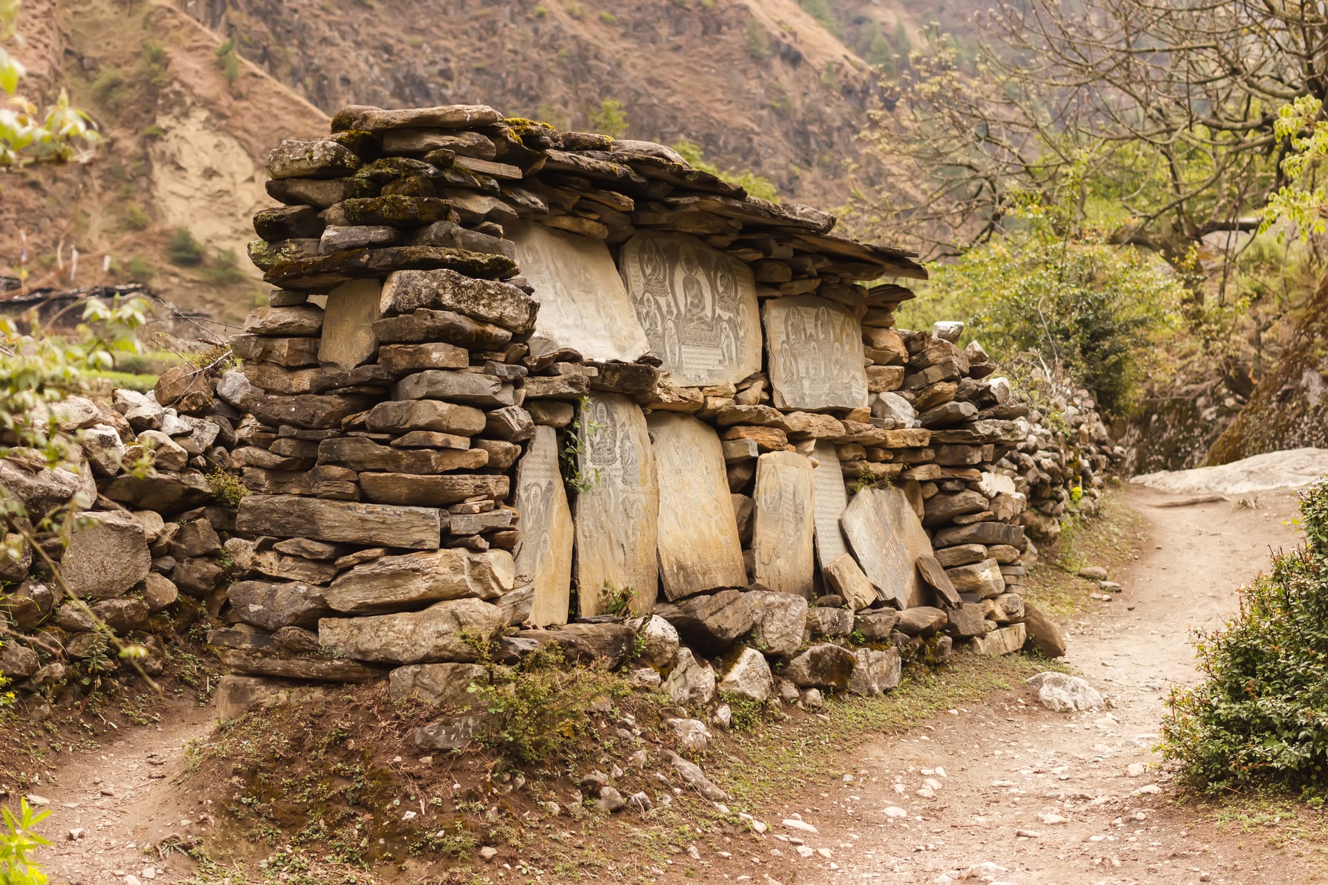Stone wall with carved prayer stones along a dirt hiking path in the mountains near Manaslu.