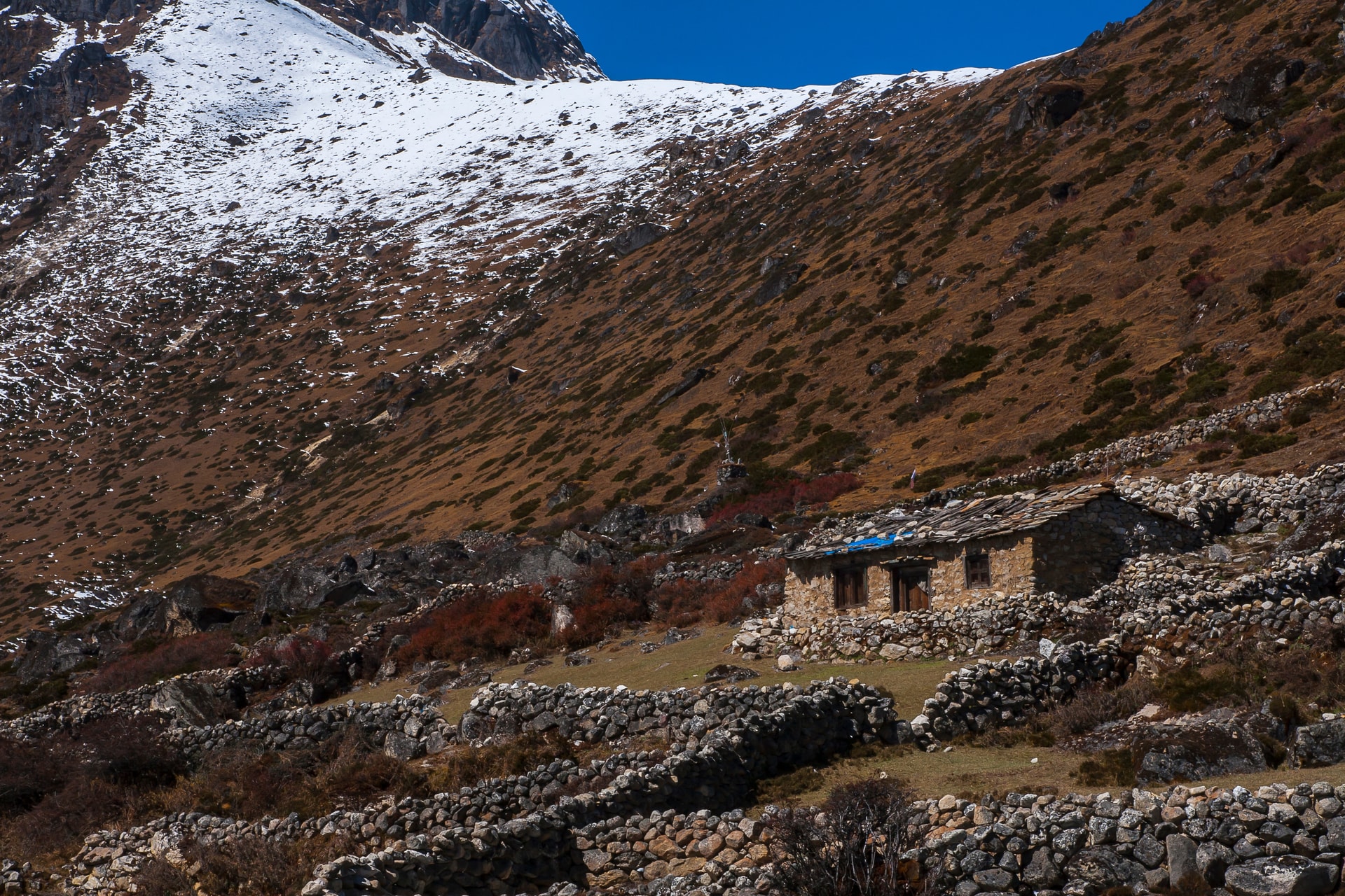 Stone lodge nestled in terraced hillside with snow-capped mountains above Gokyo and Machhermo.