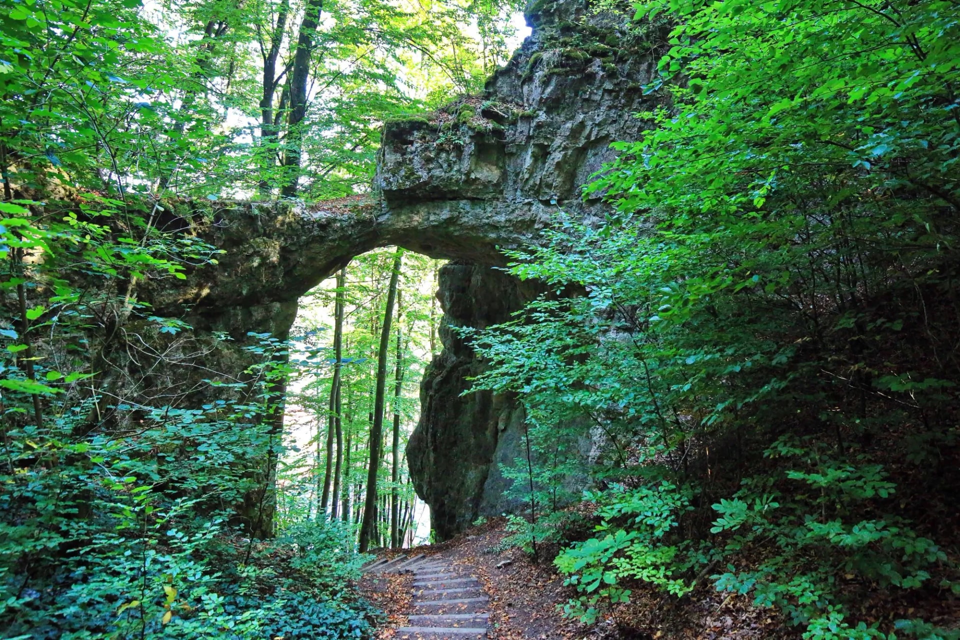Natural rock arch bridge over stone steps in a lush green forest near Unteremmendorf-Beilngries.