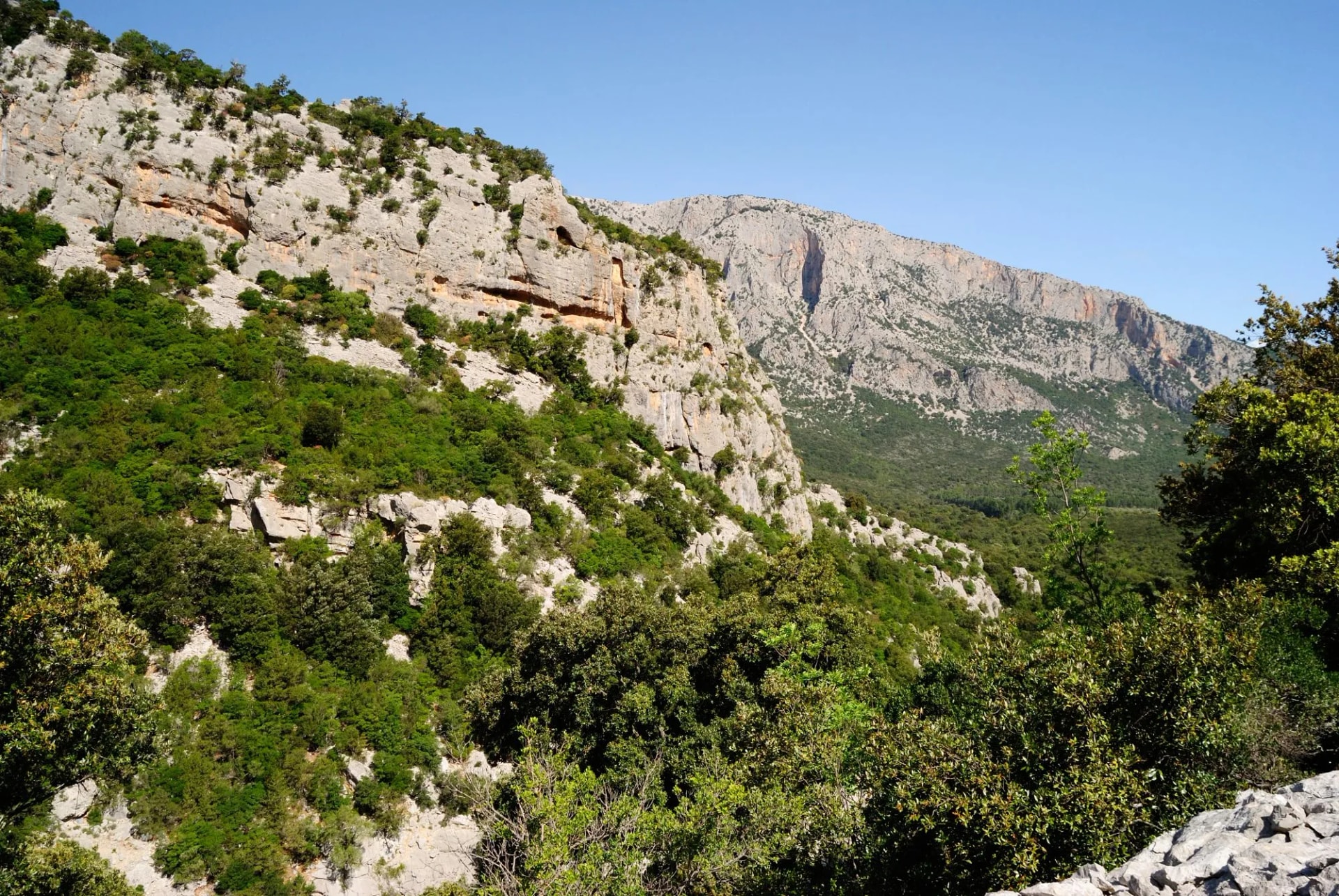 Il sentiero dal cuile Sas Traes al cuile Sos Mojos, vedita del Monte Tiscali e sullo sfondo Monte Uddè