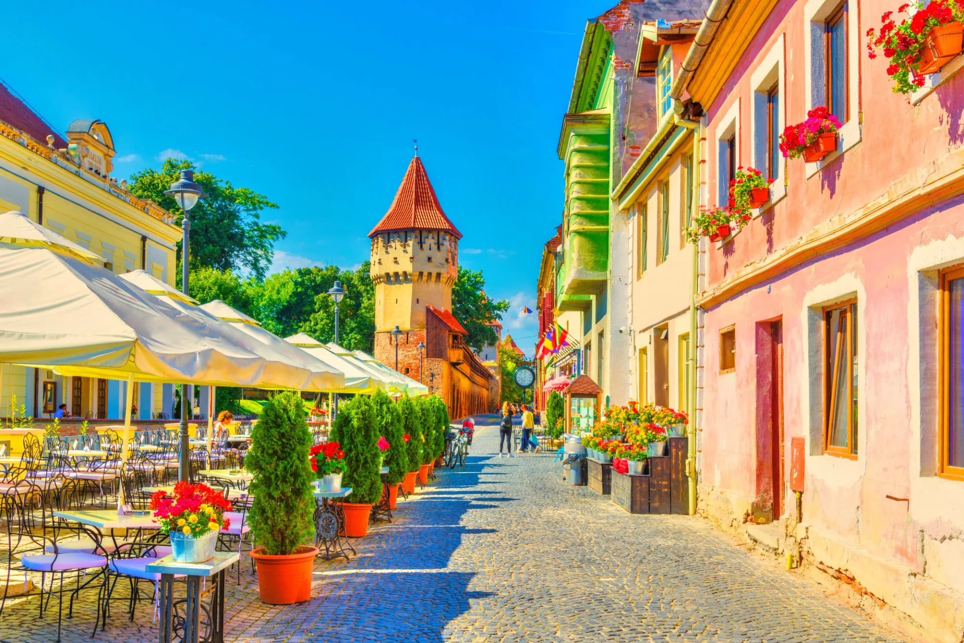 Little square and The Carpenters' Tower in Sibiu city, Transylvania region, Romania.