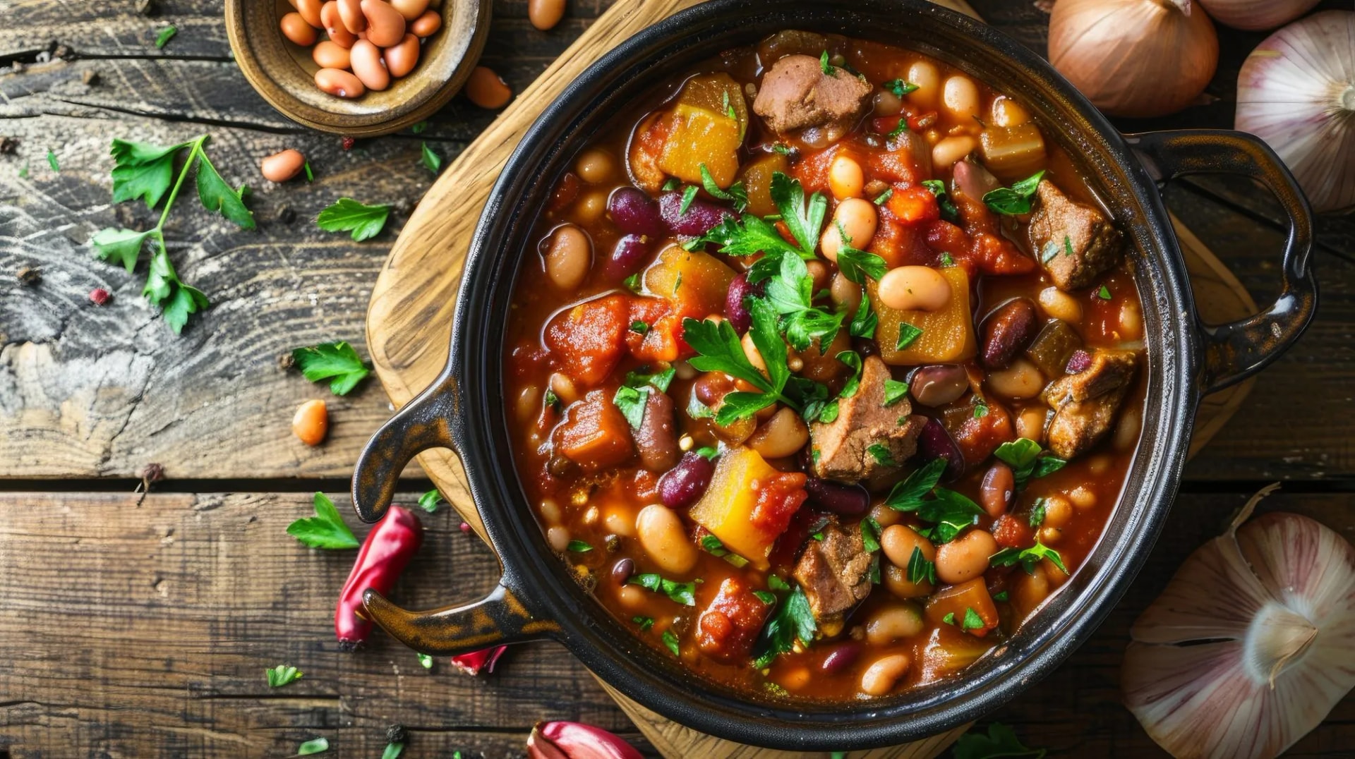Hot turkish bean stew on wooden background. Ispir beans cooked in a casserole - Kuru Fasulye. Top view