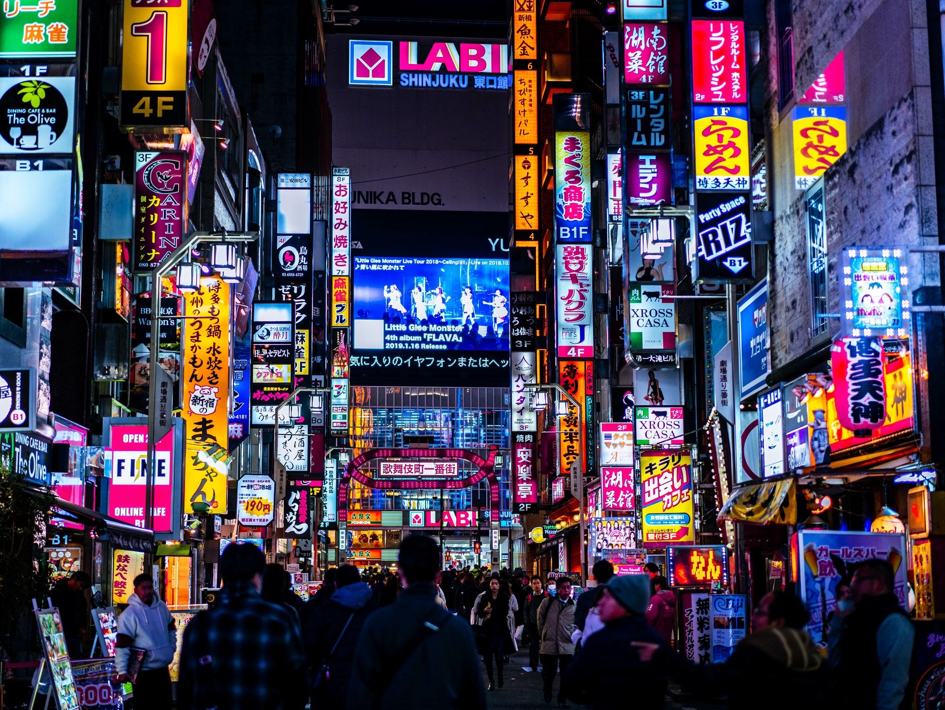 Crowd walking through narrow Tokyo street filled with bright, colorful neon signs at night.