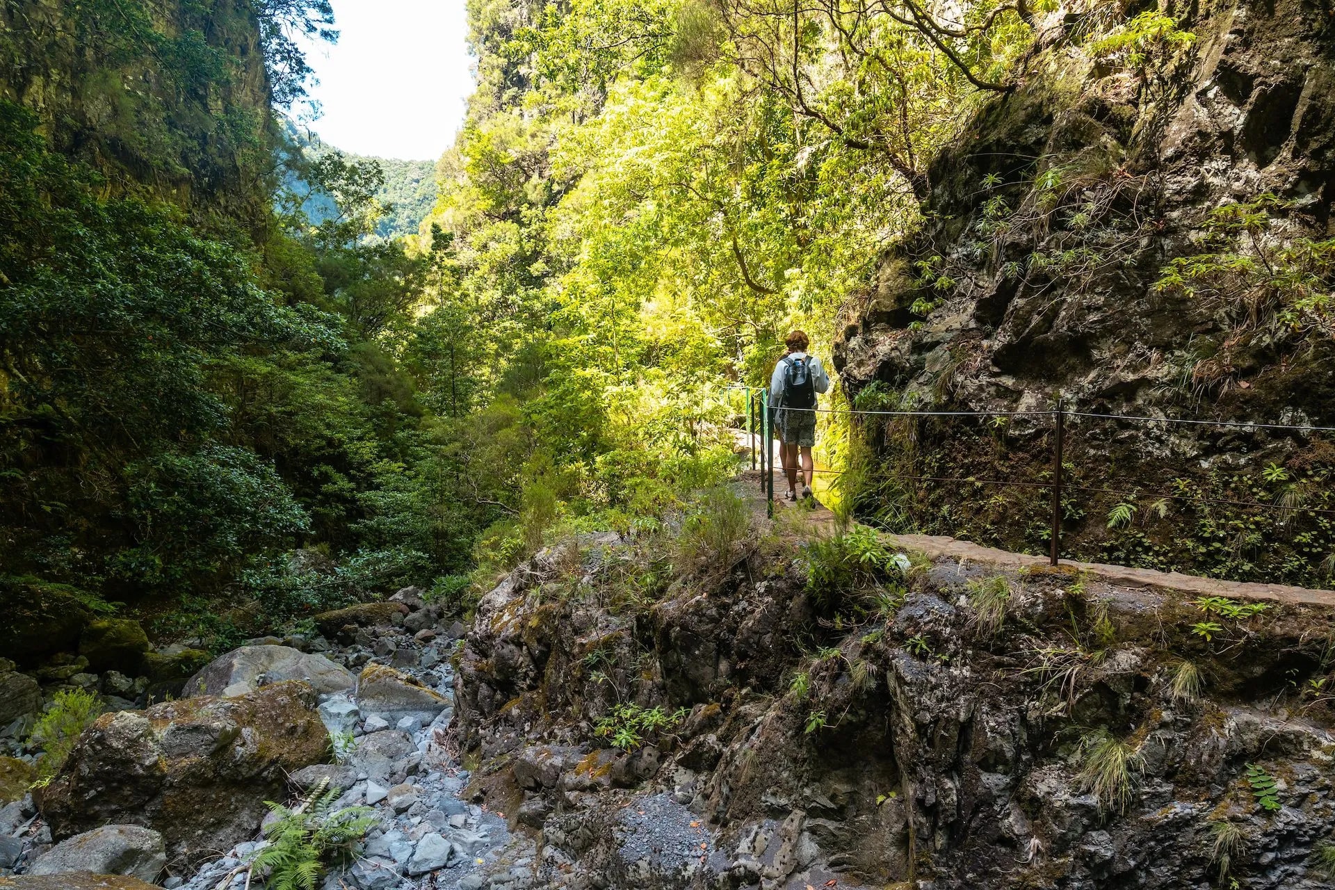 Hiker on narrow path beside ravine with rocks and lush green forest, Levada do Caldeirão Verde.