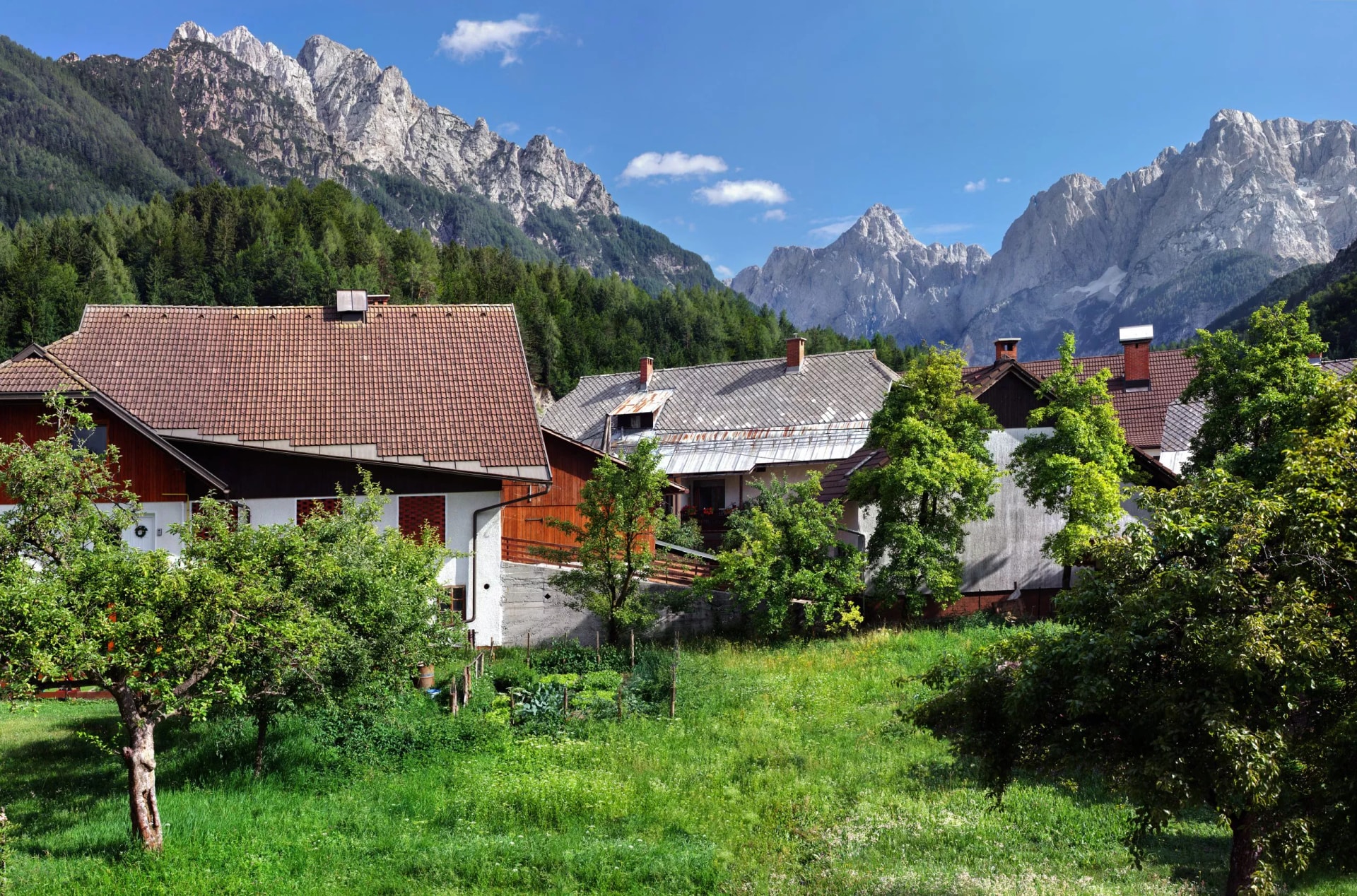 Alpine village houses with green foreground and jagged, rocky mountains under blue sky in Kranjska Gora.