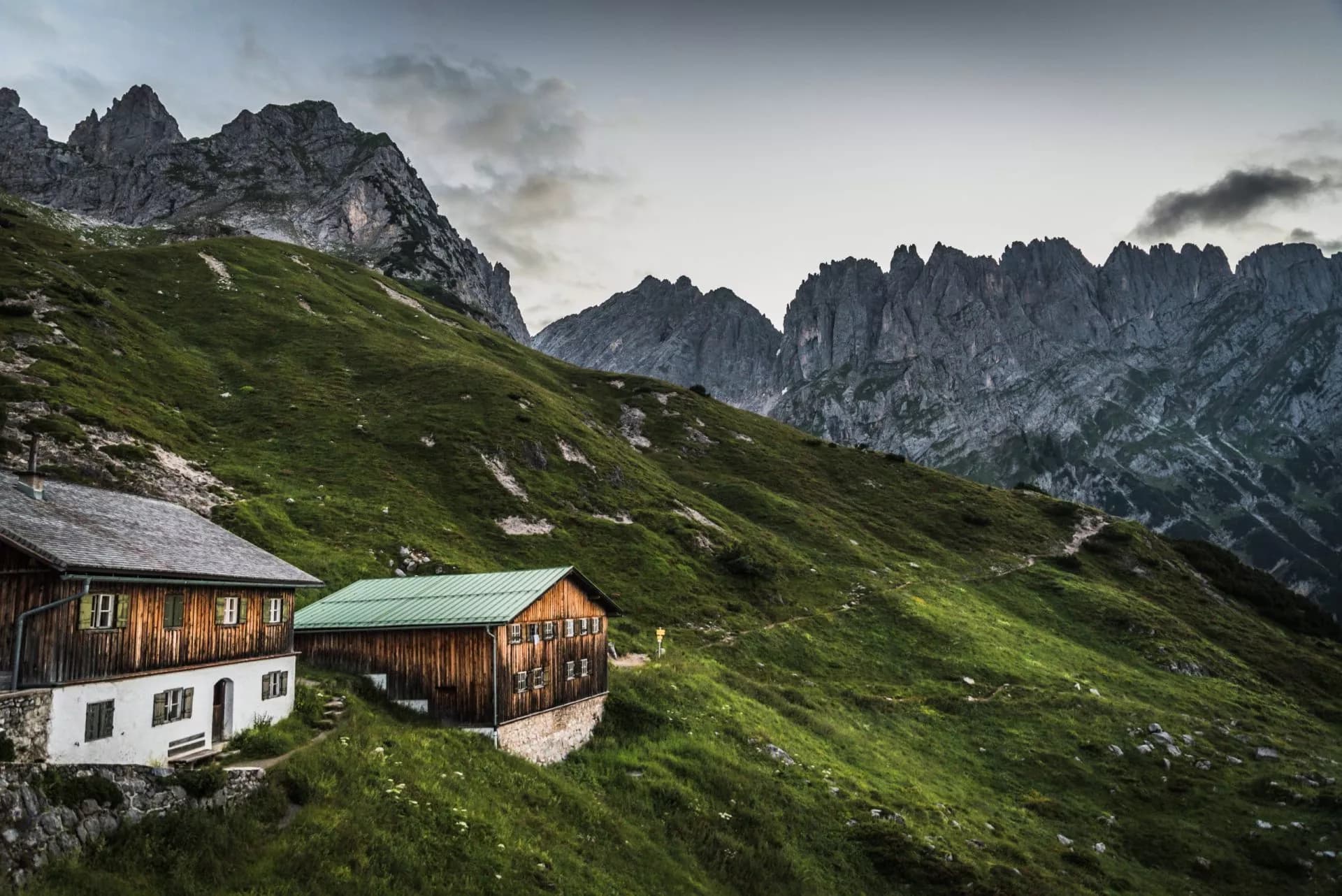 View from Gruttenhuette, an alpine hut on Wilder Kaiser mountains, Going, Tyrol, Austria - Hiking in the Alps of Europe