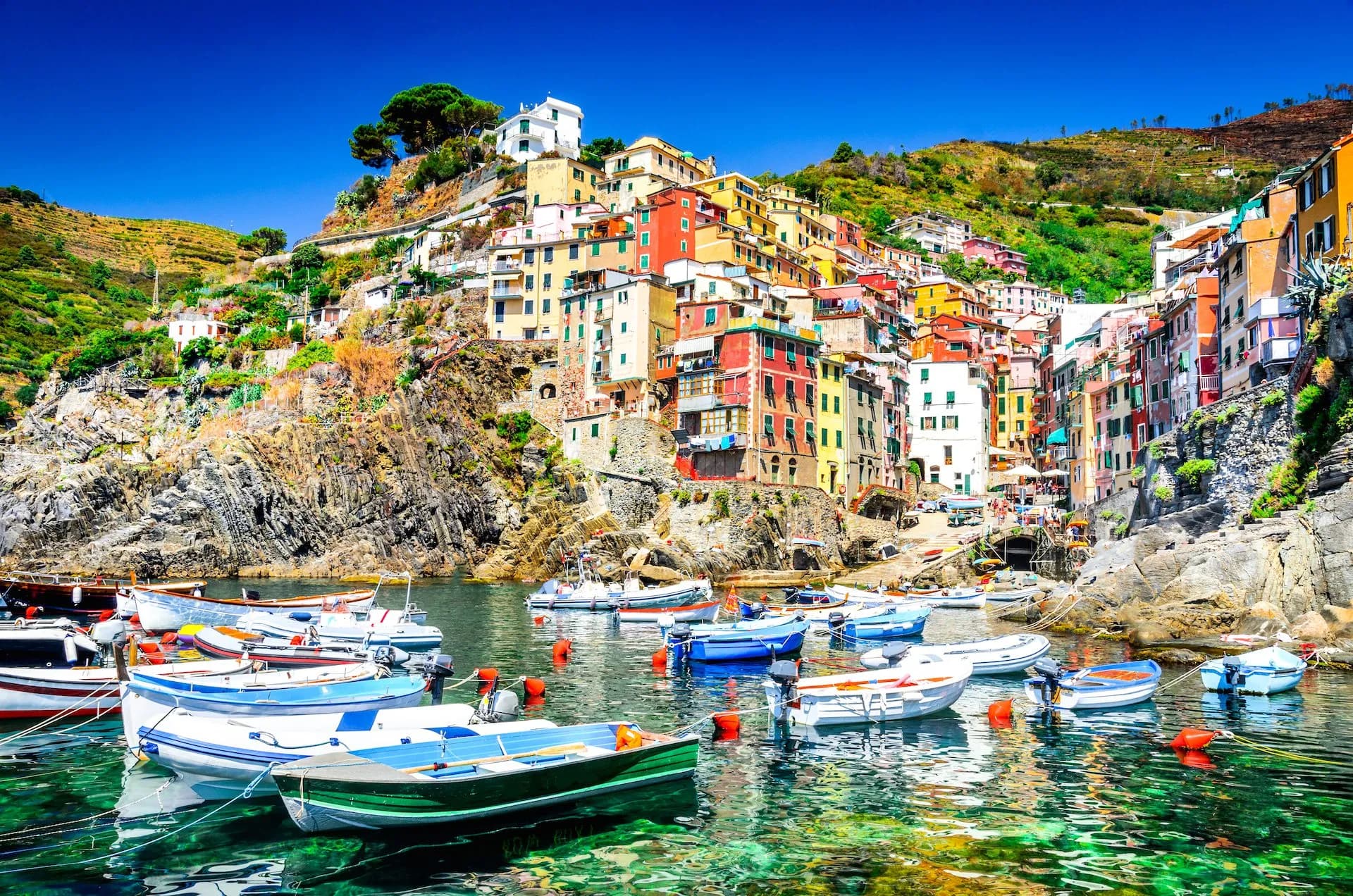 Boats moored in Riomaggiore harbor below colorful cliffside houses under a bright blue sky.