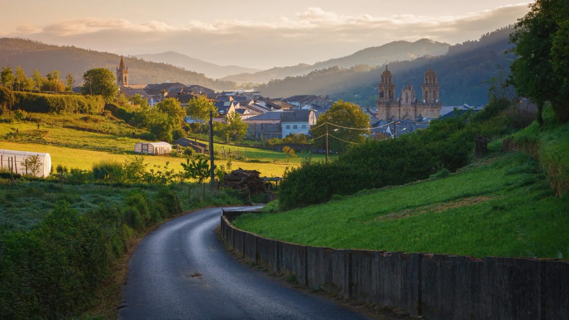 At sunrise, departure from the historic city of Mondonedo (Mondoñedo) on the way of St. James, Galicia, Spain