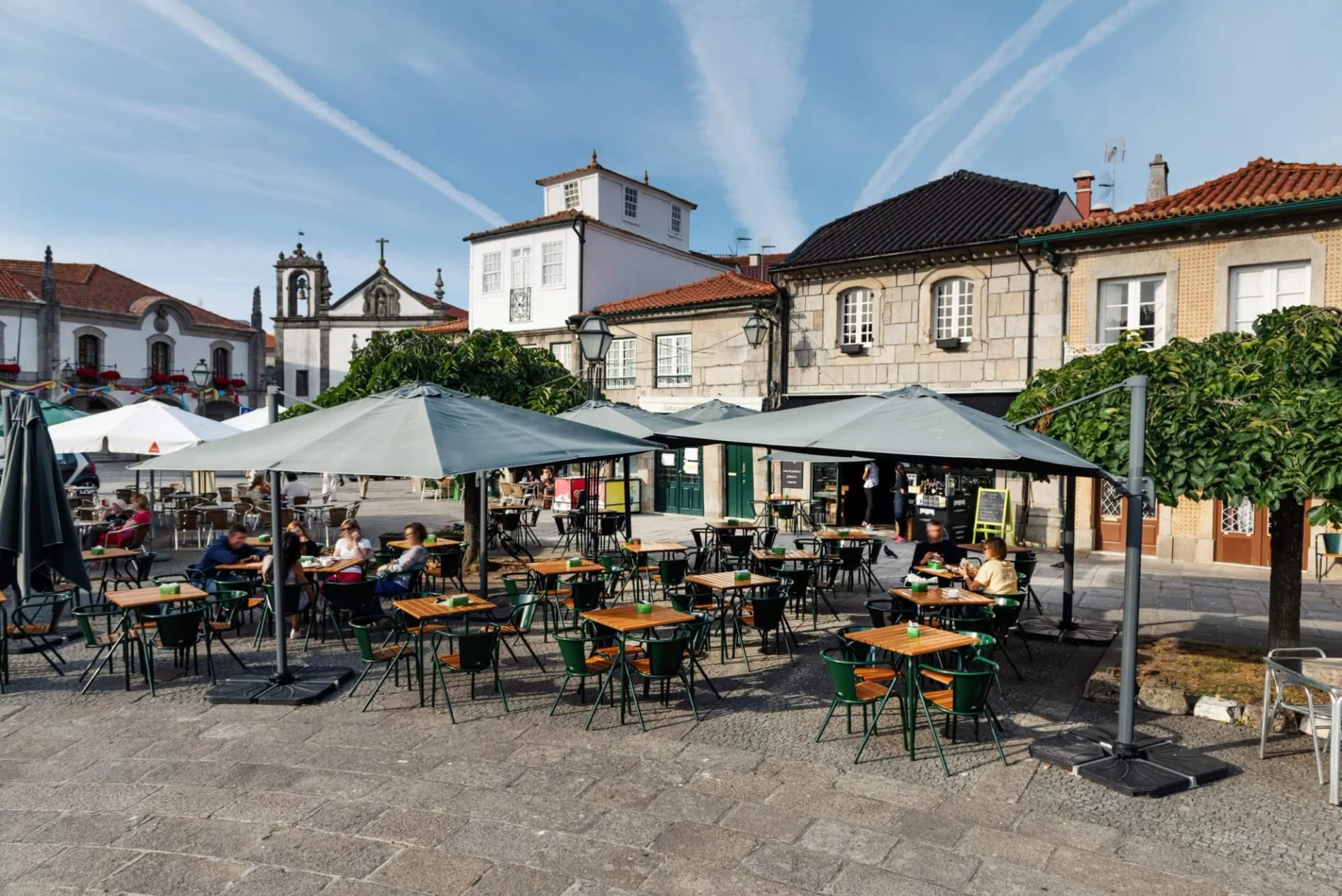Historic center square of beautiful Caminha with Cafe.
