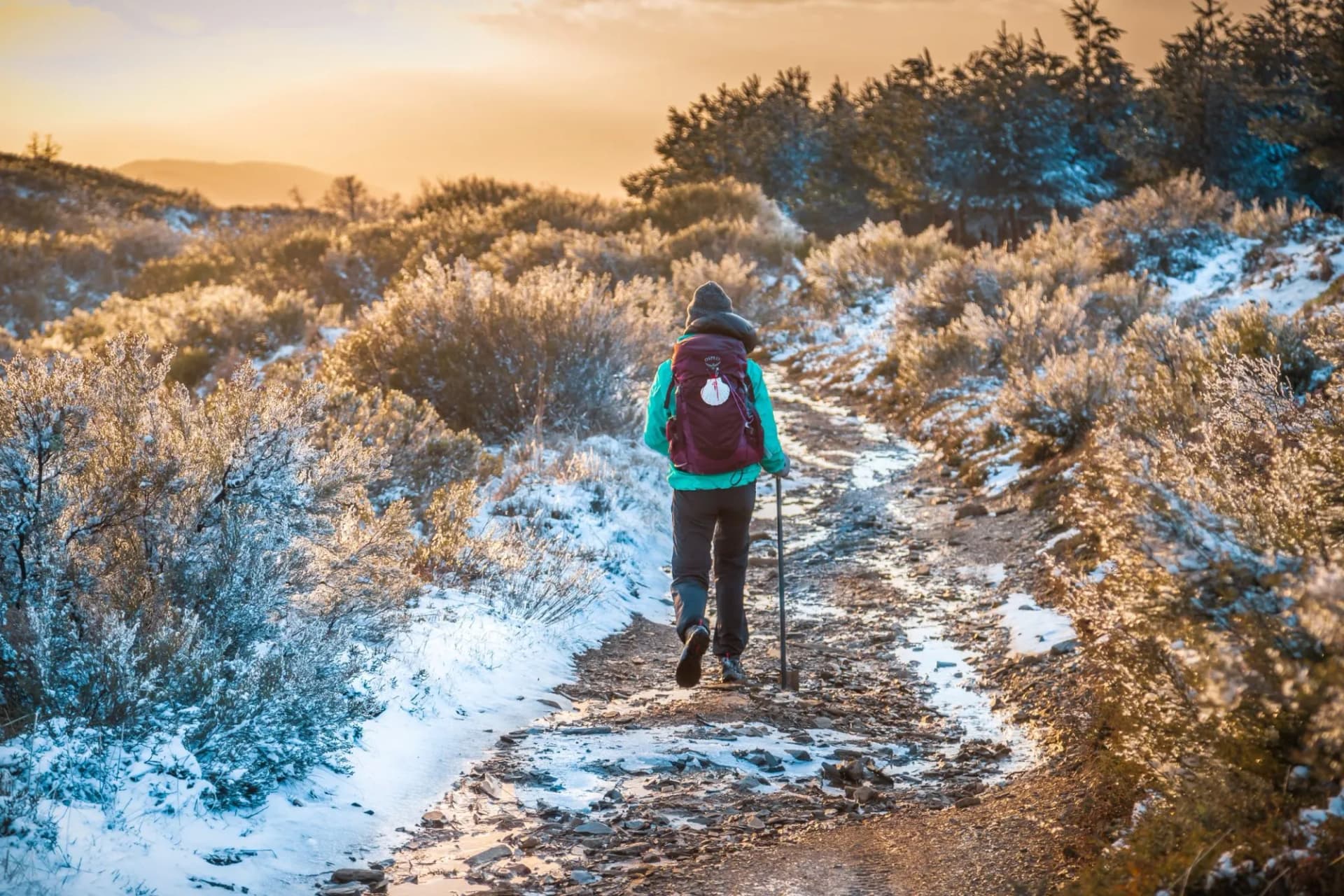 Hiker with backpack walking on snowy winter mountain trail on the Way of St. James.