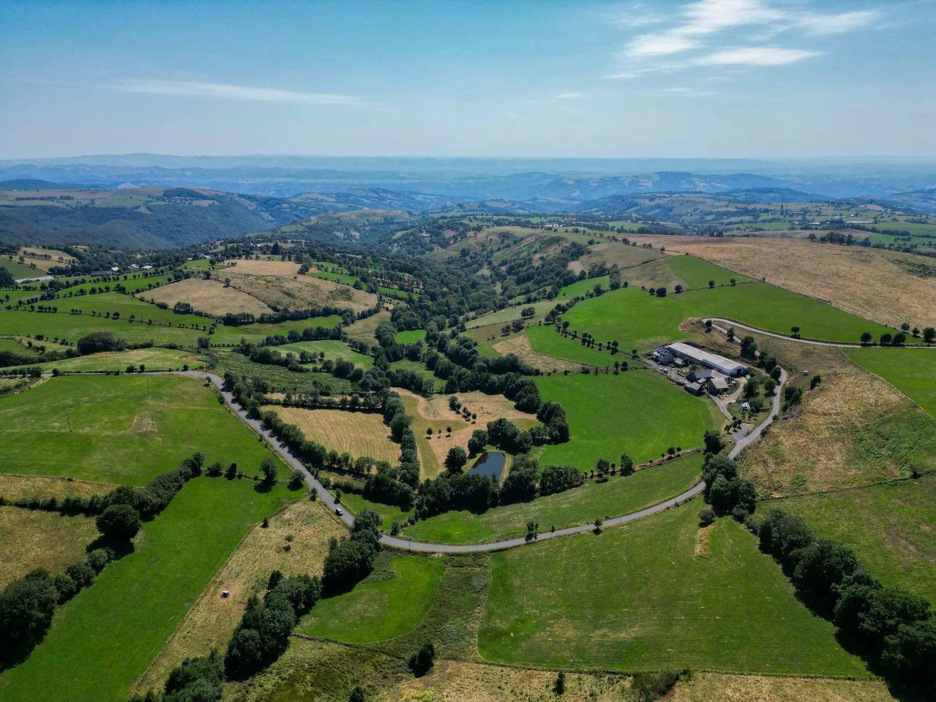 Aerial view of Landscape of the Aubrac plateau, Aveyron, France. High quality photo