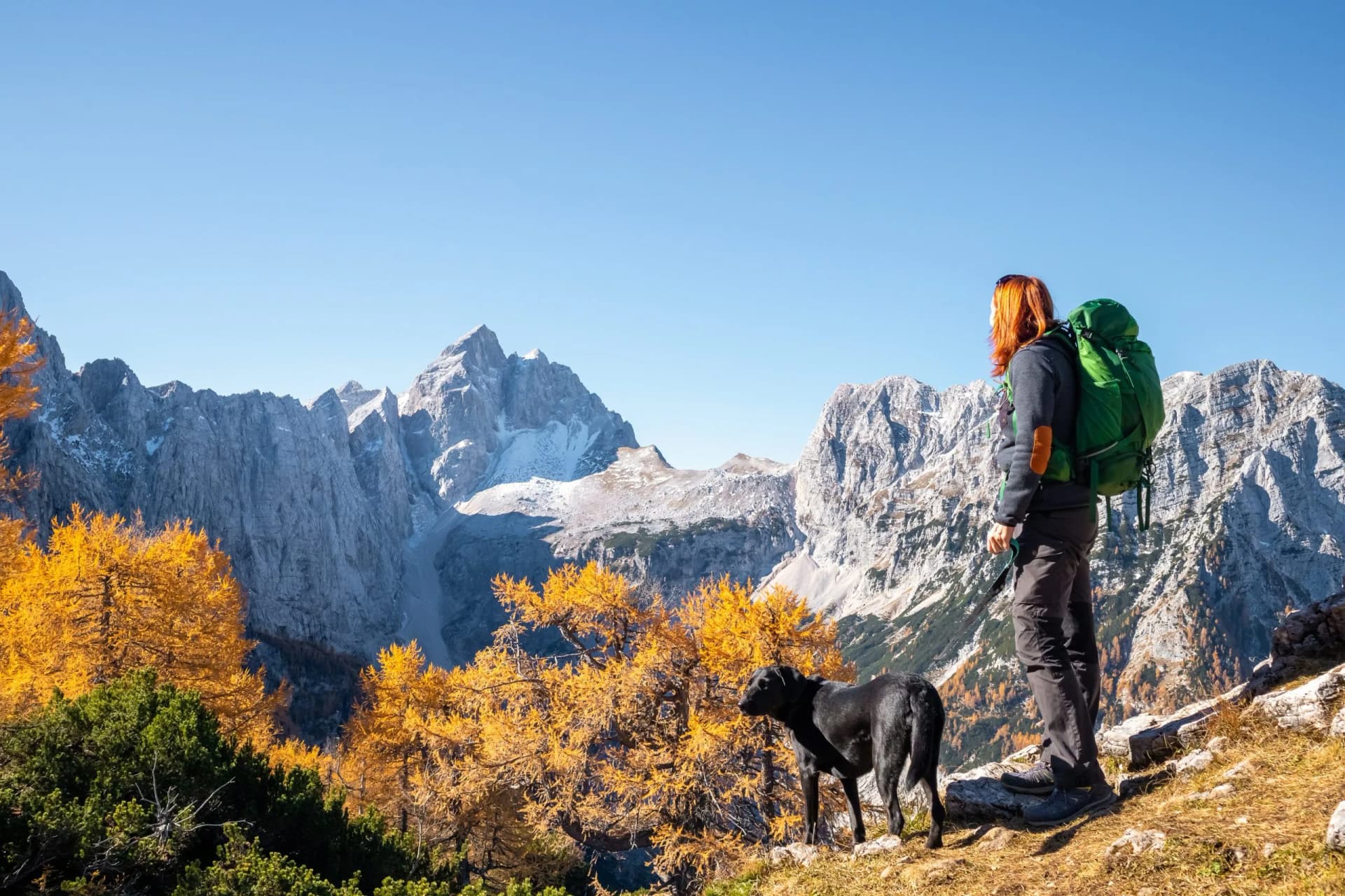 Hiker with backpack and dog hiking near Julian Alps mountains with autumn foliage.