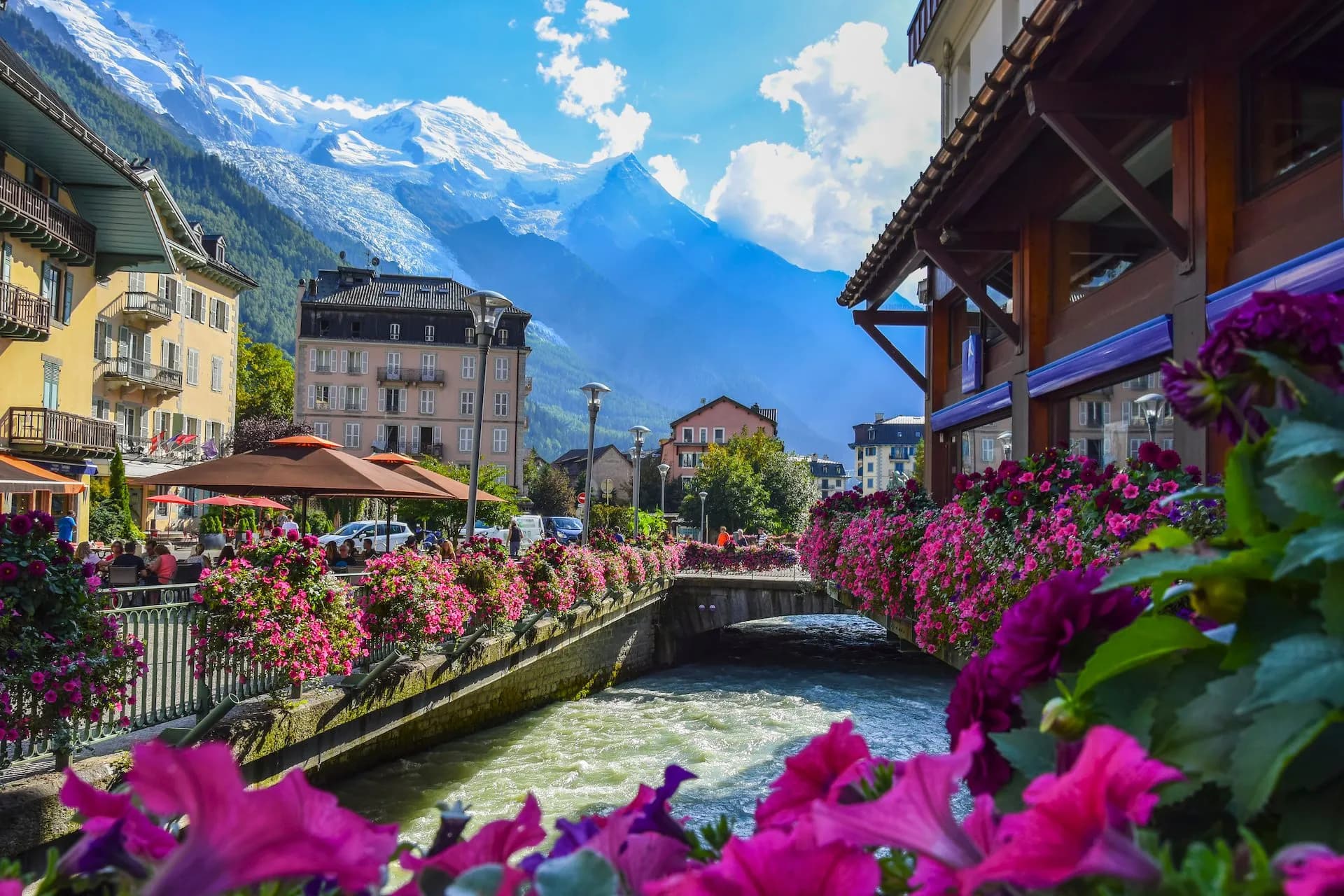View of the Arve river and Mont Blanc massif from the centre of Chamonix.