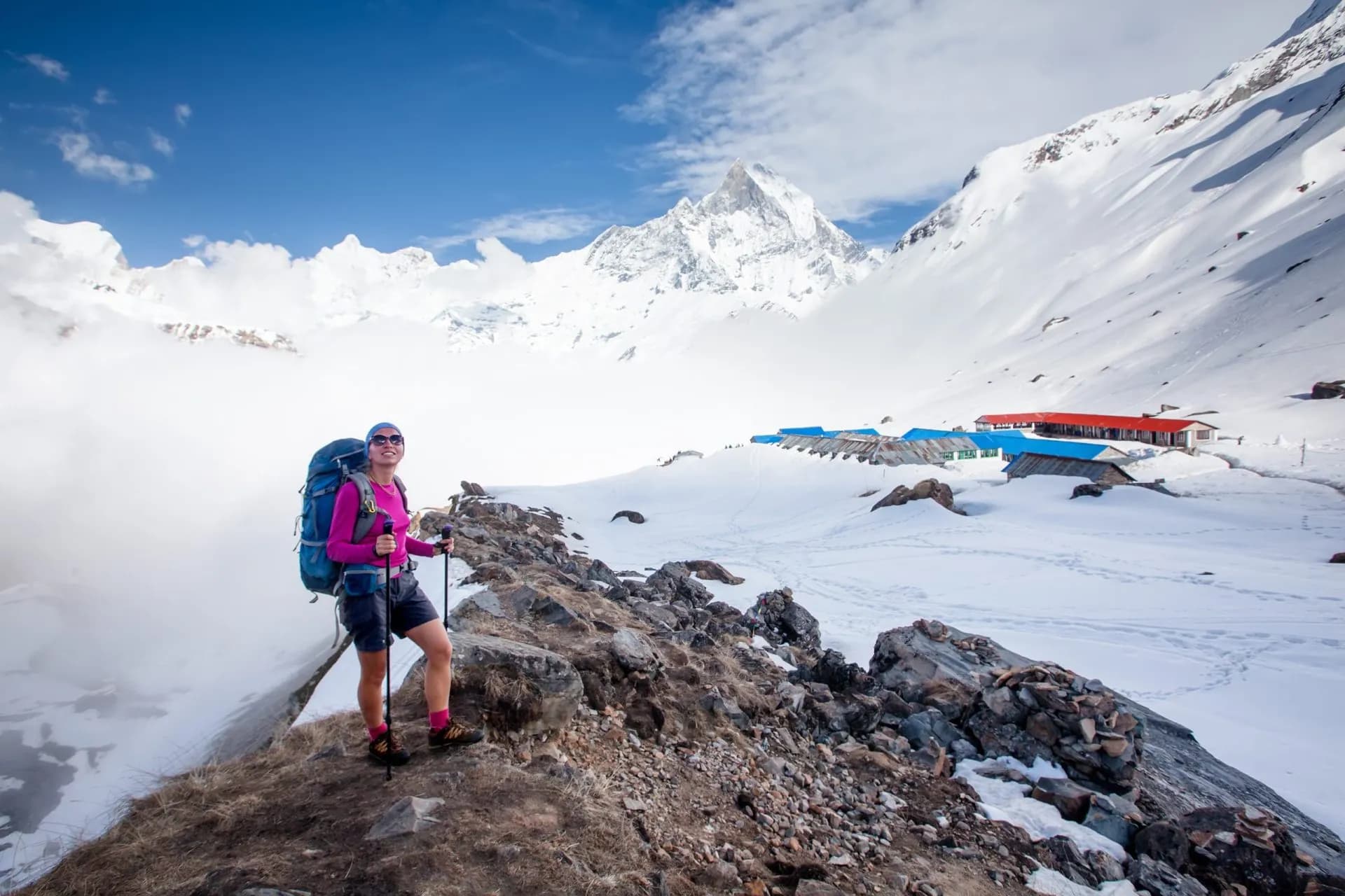Trekker on the way to Annapurna base camp, Nepal