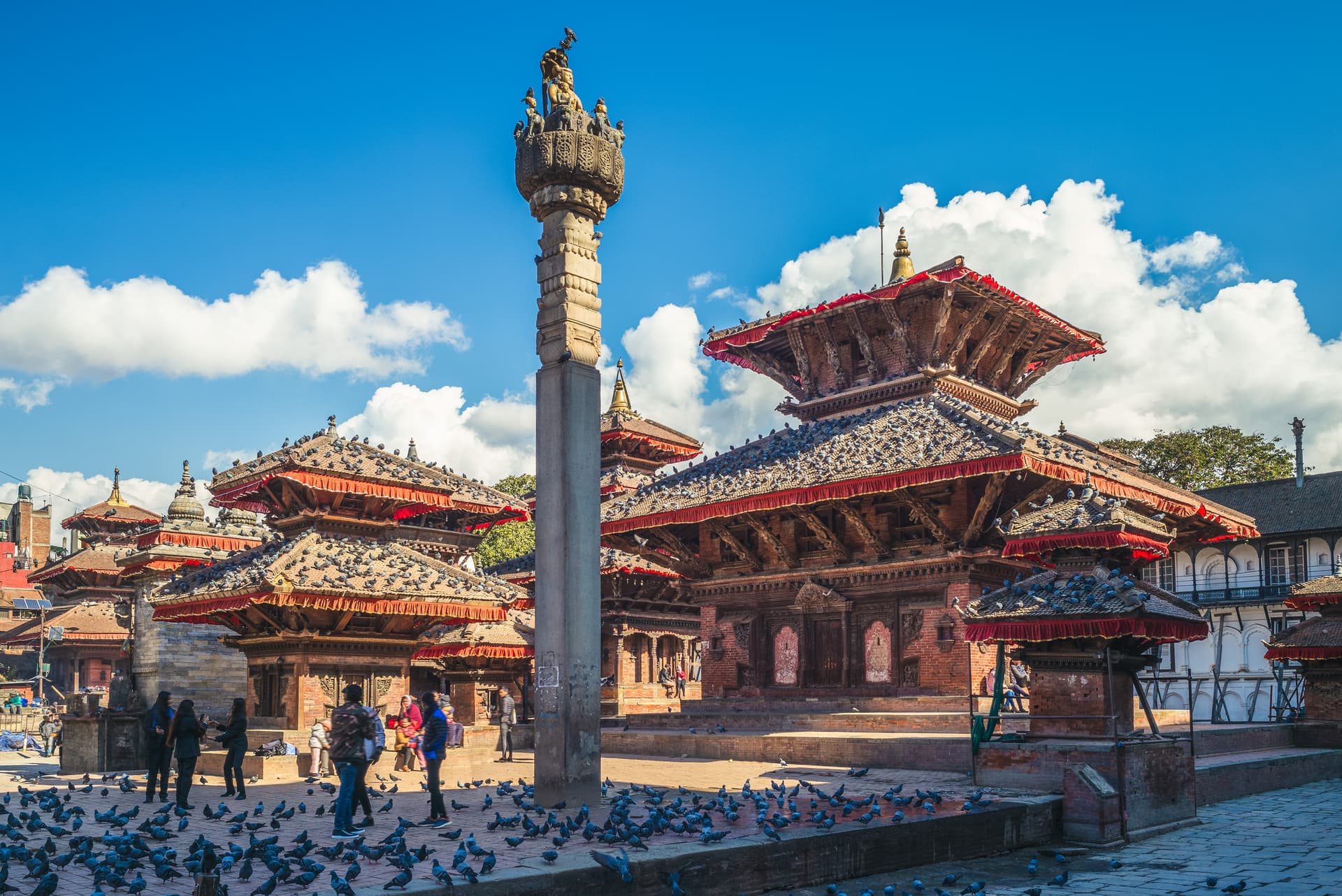 Kathmandu Durbar Square temples with pigeons on tiled roofs under a bright blue sky.