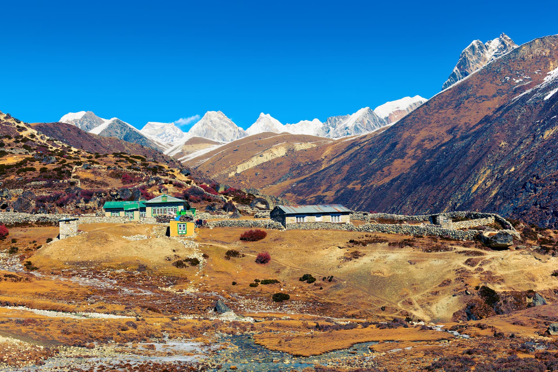 Himalayan village houses in dry valley with snow-capped mountains under clear blue sky