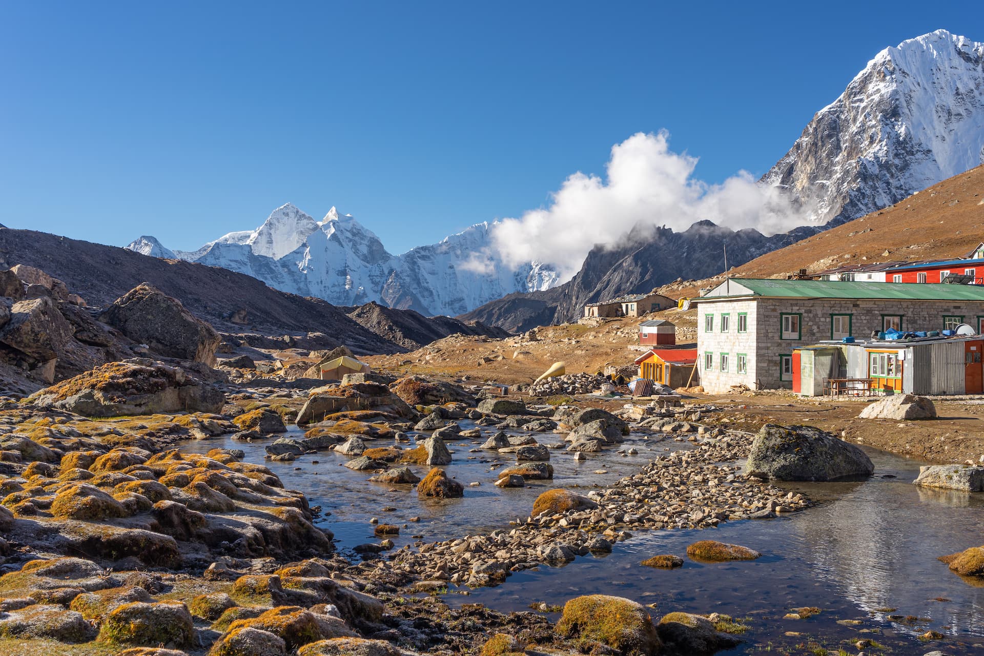 Lodge buildings in Lobuche village with stream and snow-capped Himalayan mountains under blue sky.