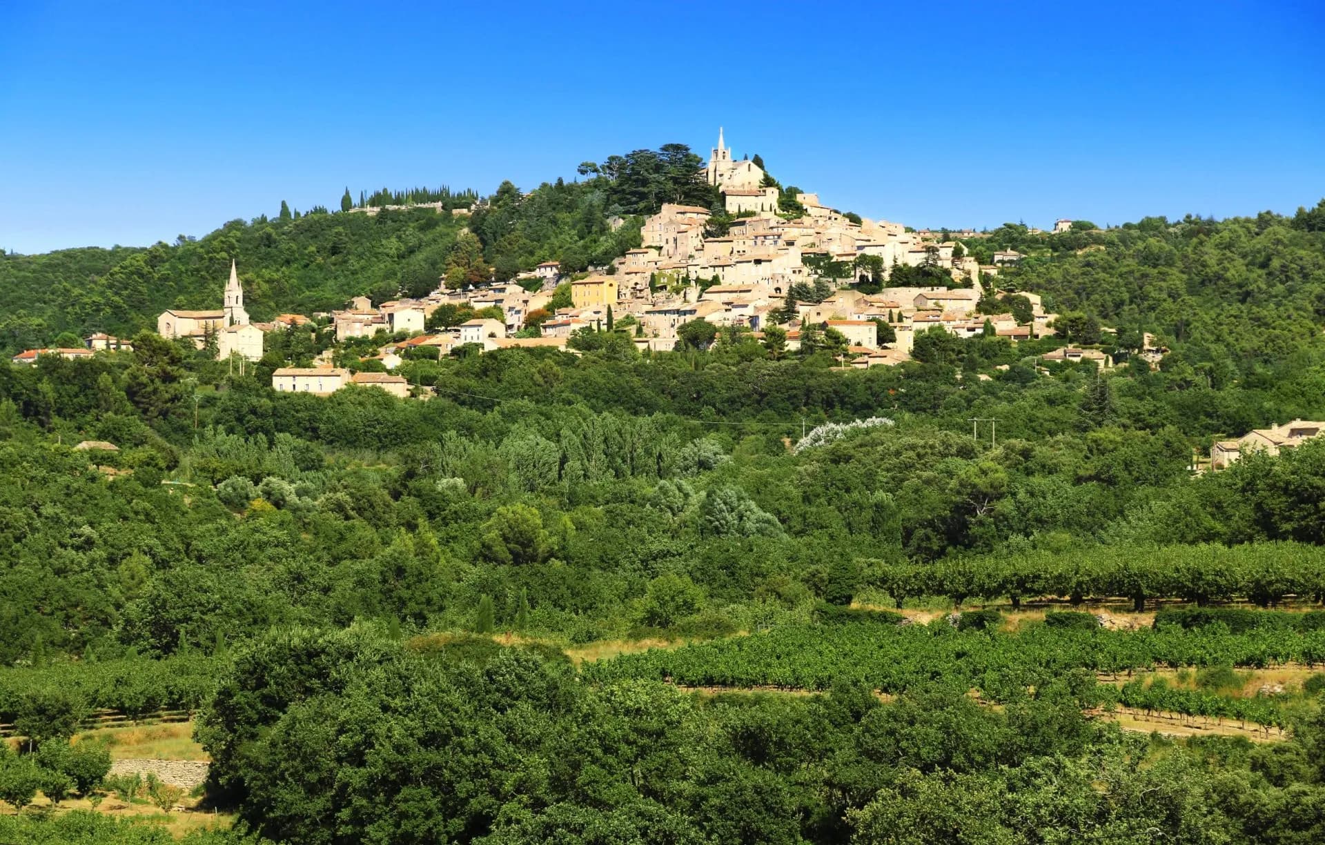 Hilltop village of Bonnieux surrounded by lush green forest and vineyards under a clear blue sky.
