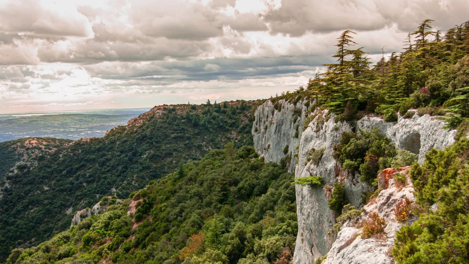 Hiking views from a cliff edge overlooking dense green hills and a distant plain under cloudy skies.