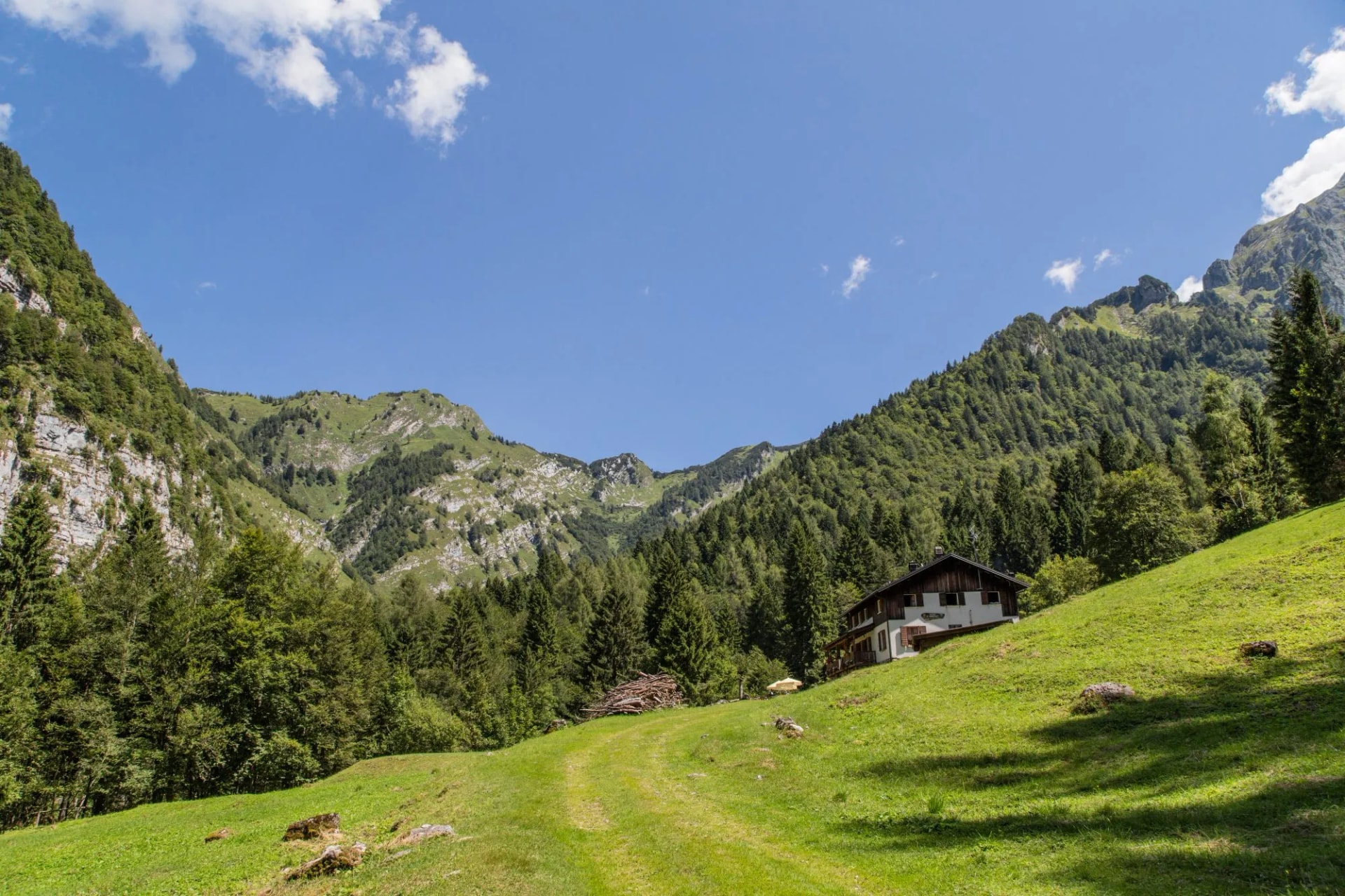 Rifugio Furio Bianchet mountain hut on grassy slope surrounded by lush green alpine mountains.