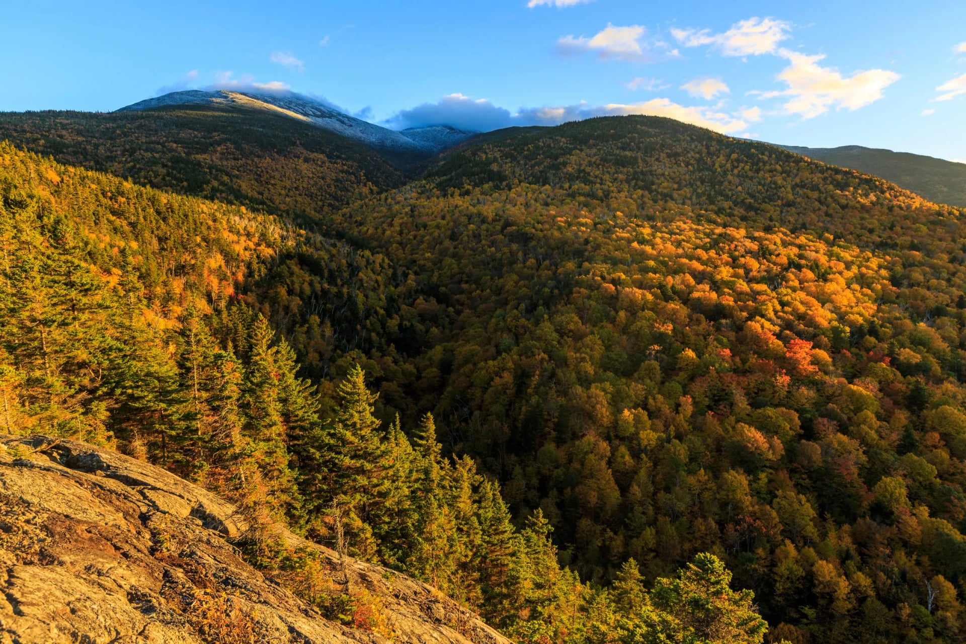 A mountainside of orange and gold autumn trees below a bare ridge