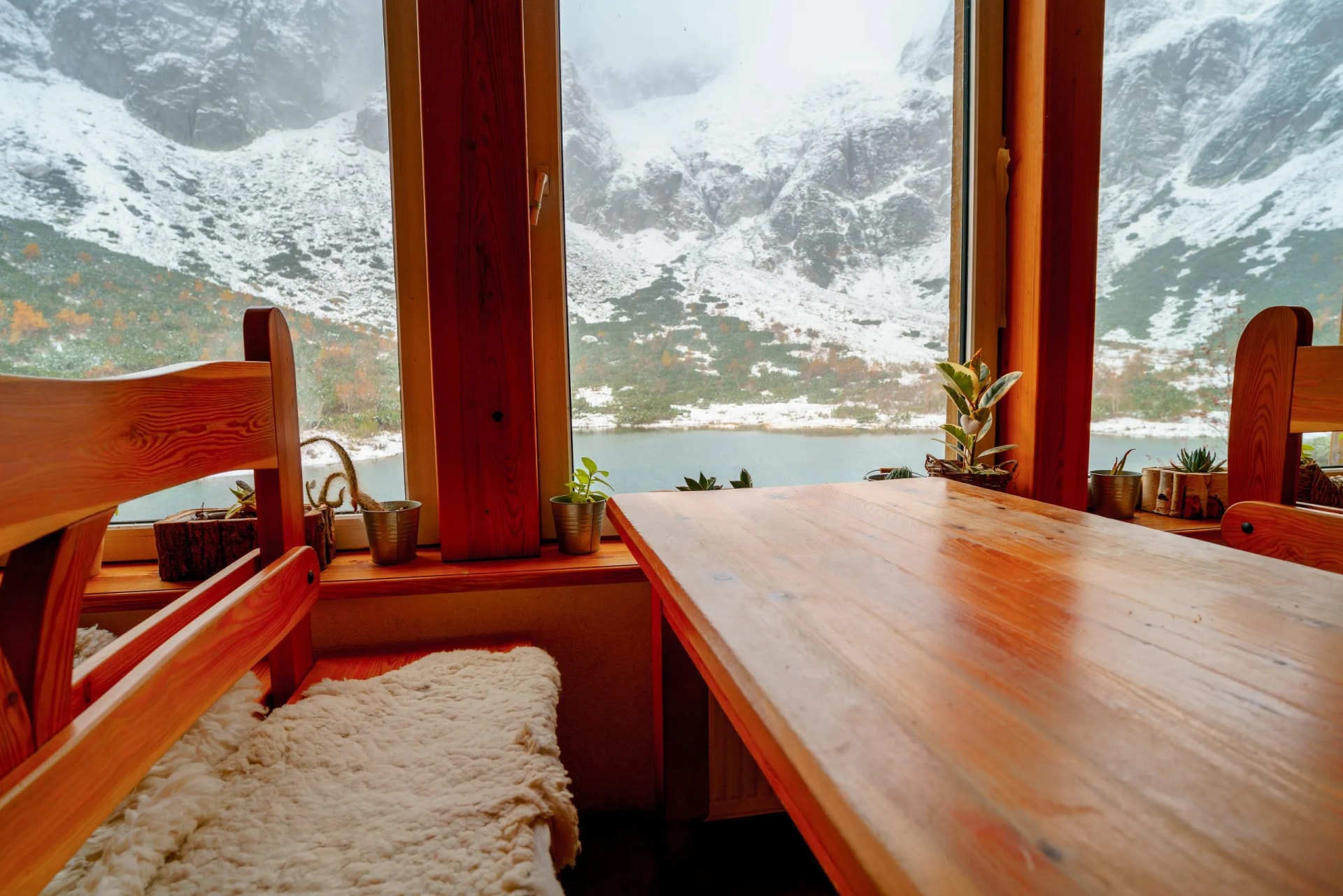 View of the High Tatras from the interior of the well-known tourist hut "Brnčalka" located near the "Zelene pleso" - Green tarn