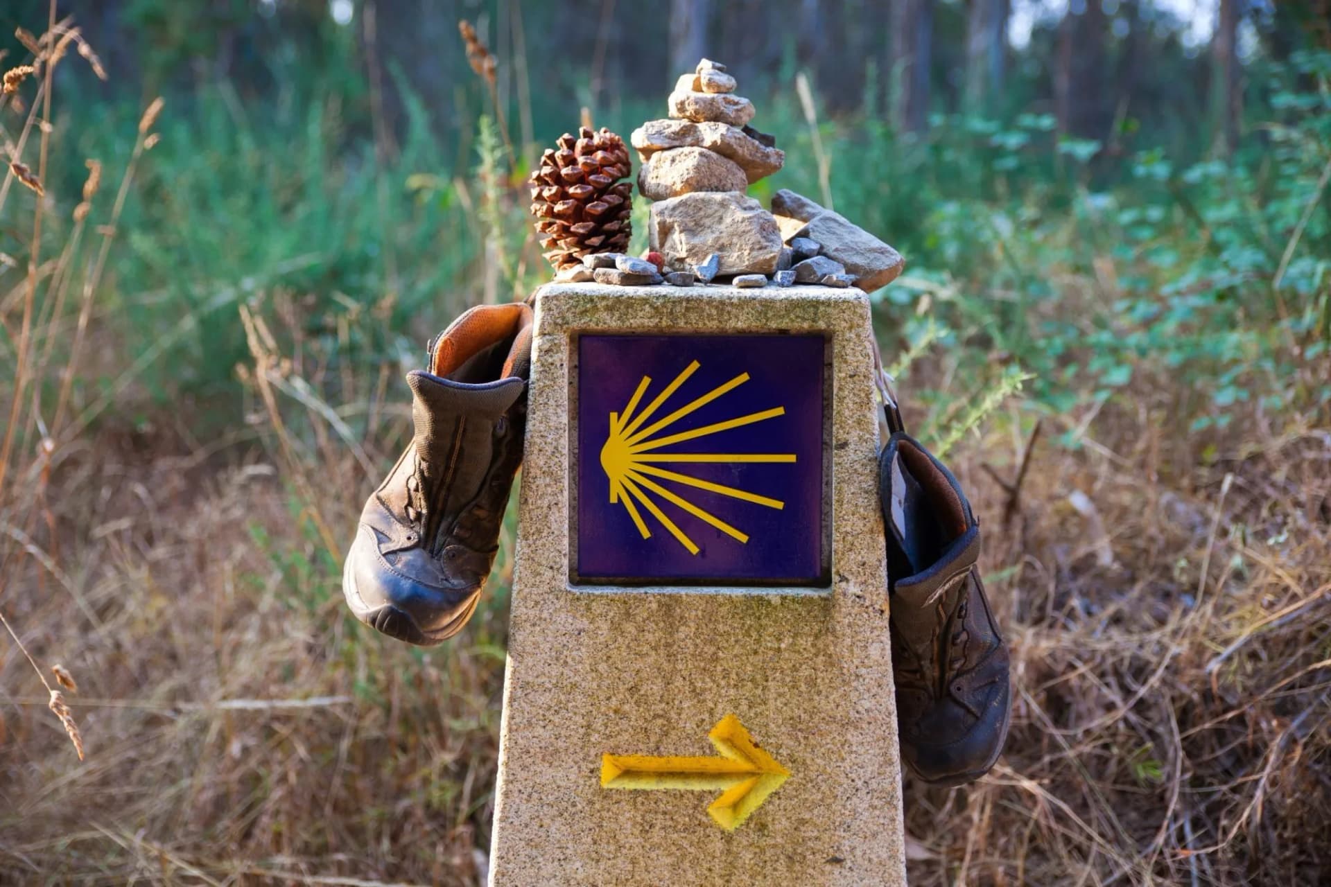 Hiking boots on a waymark stone with scallop shell symbol and yellow arrow in the woods.