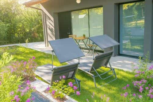 Two lounge chairs with sun shields on green lawn beside modern house with patio and pink flowers.