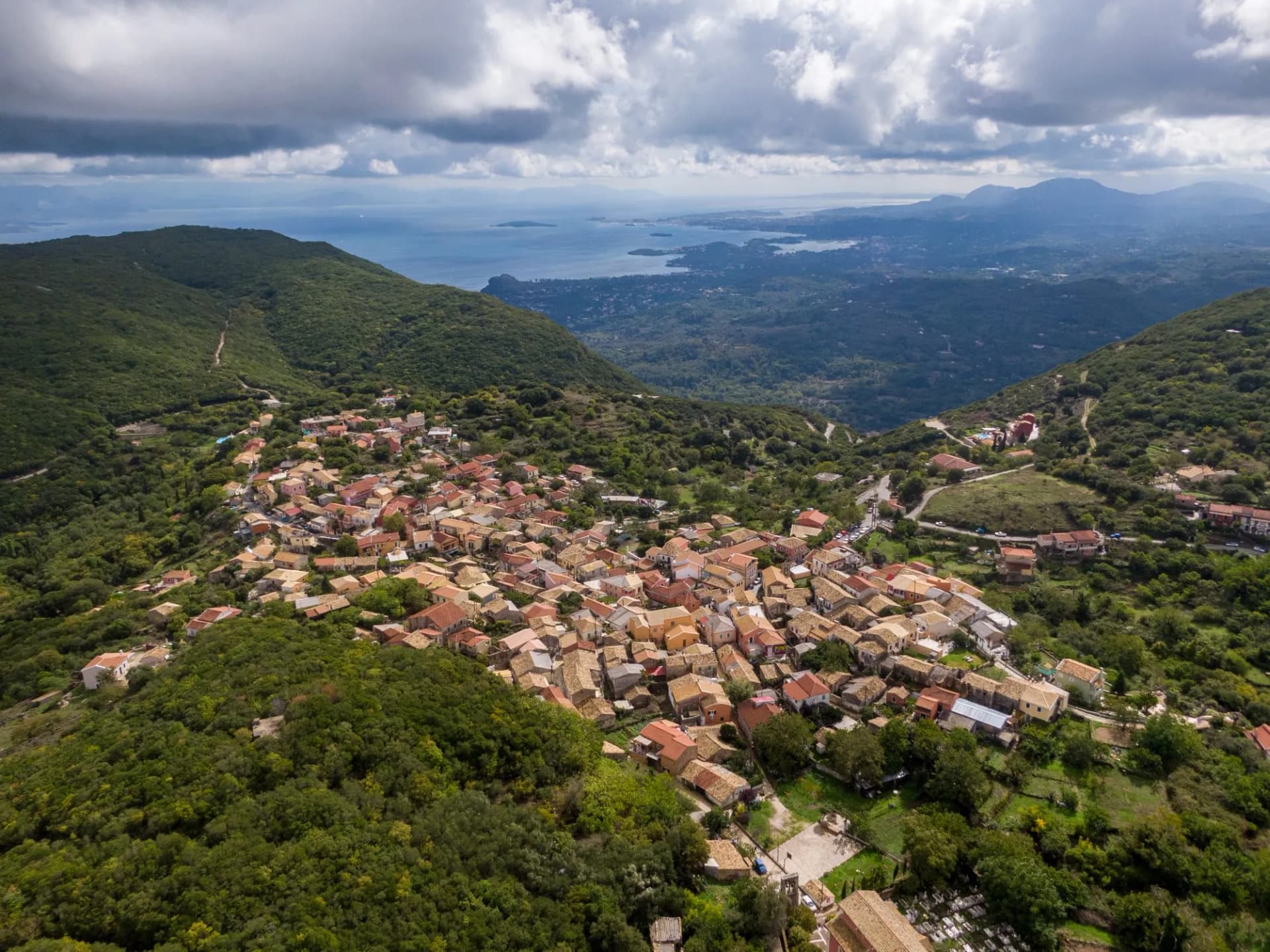 Aerial drone panoramic view of beautiful sokraki village in corfu island greece