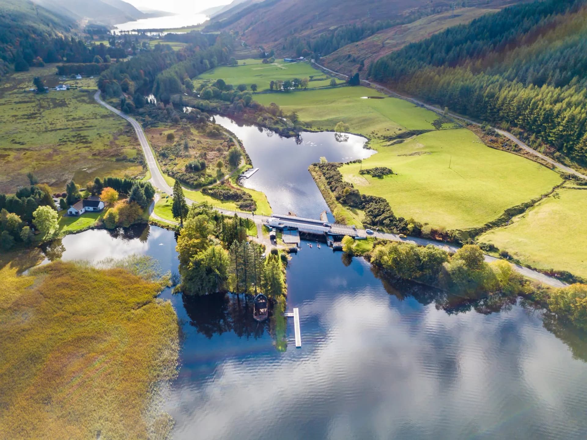 Aerial view of Laggan with swing bridge in the Great Glen above Loch Oich in the scottish highlands - United Kingdom