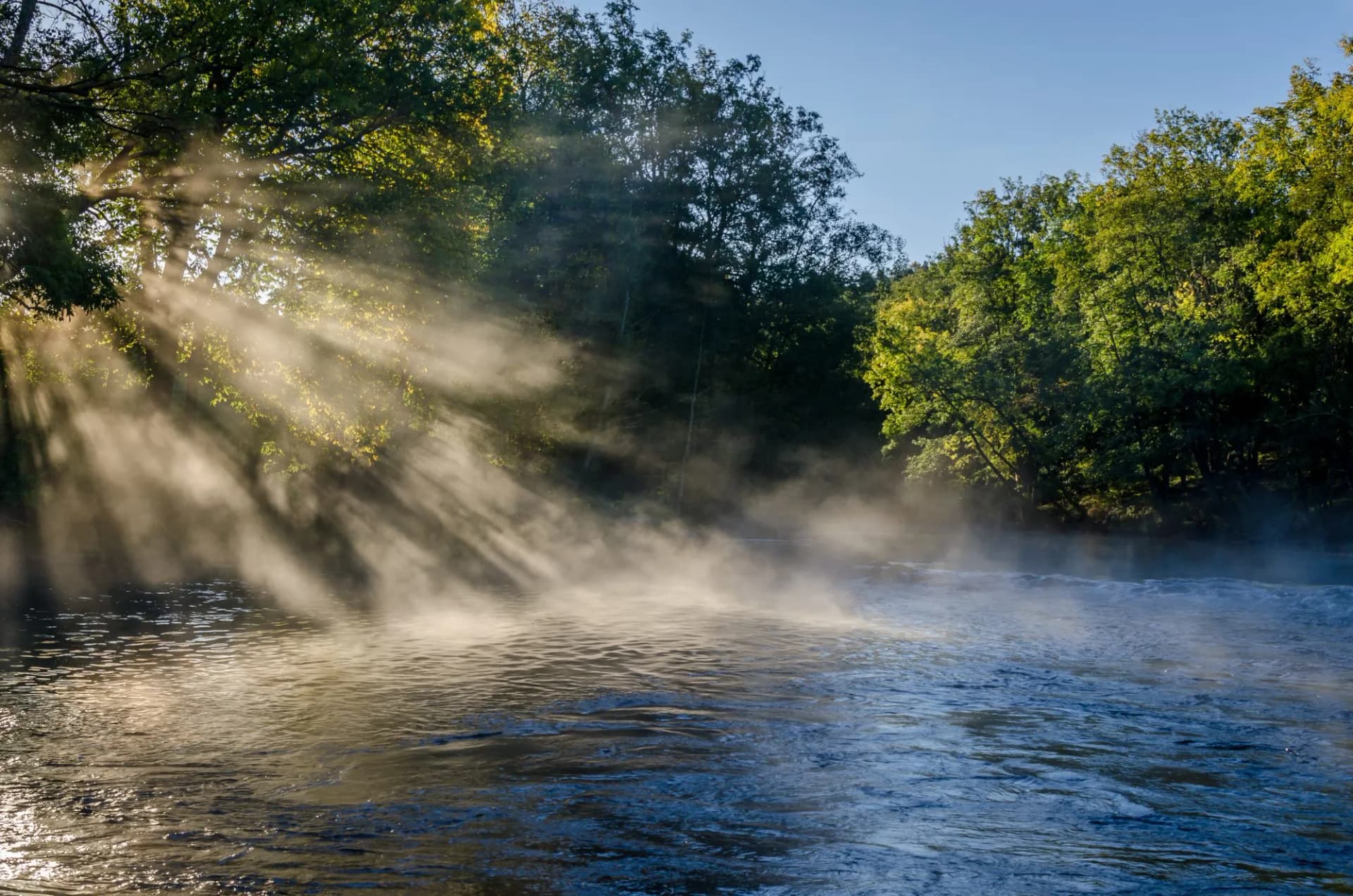 Sunbeams pierce morning fog over a river with green trees near Gothenburg, Sweden.