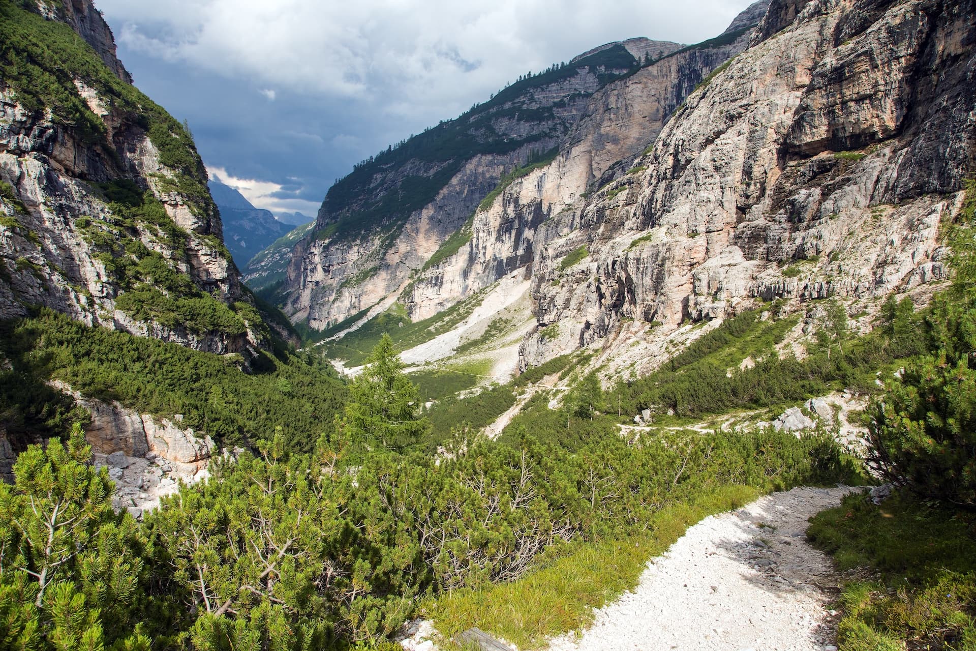 Hiking trail winding through a steep mountain valley with rocky cliffs and green vegetation under a cloudy sky.