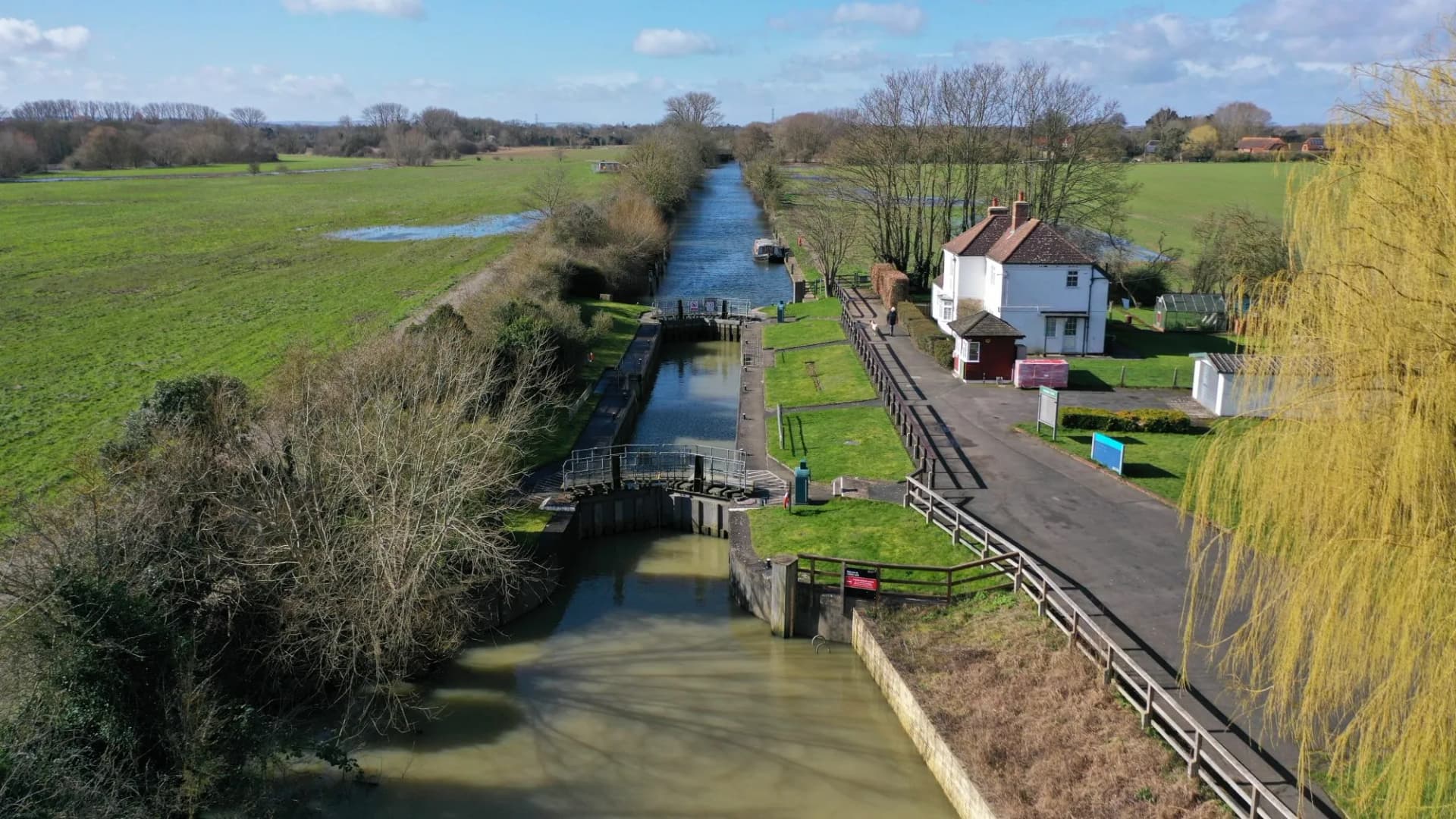 Drone shot of a river with Culham Lock port in a farm of Abing town