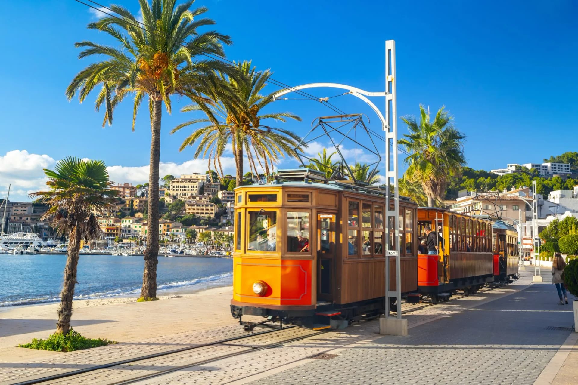 Orange wooden tram runs along the waterfront past palm trees in Port de Sóller, Mallorca, Spain.