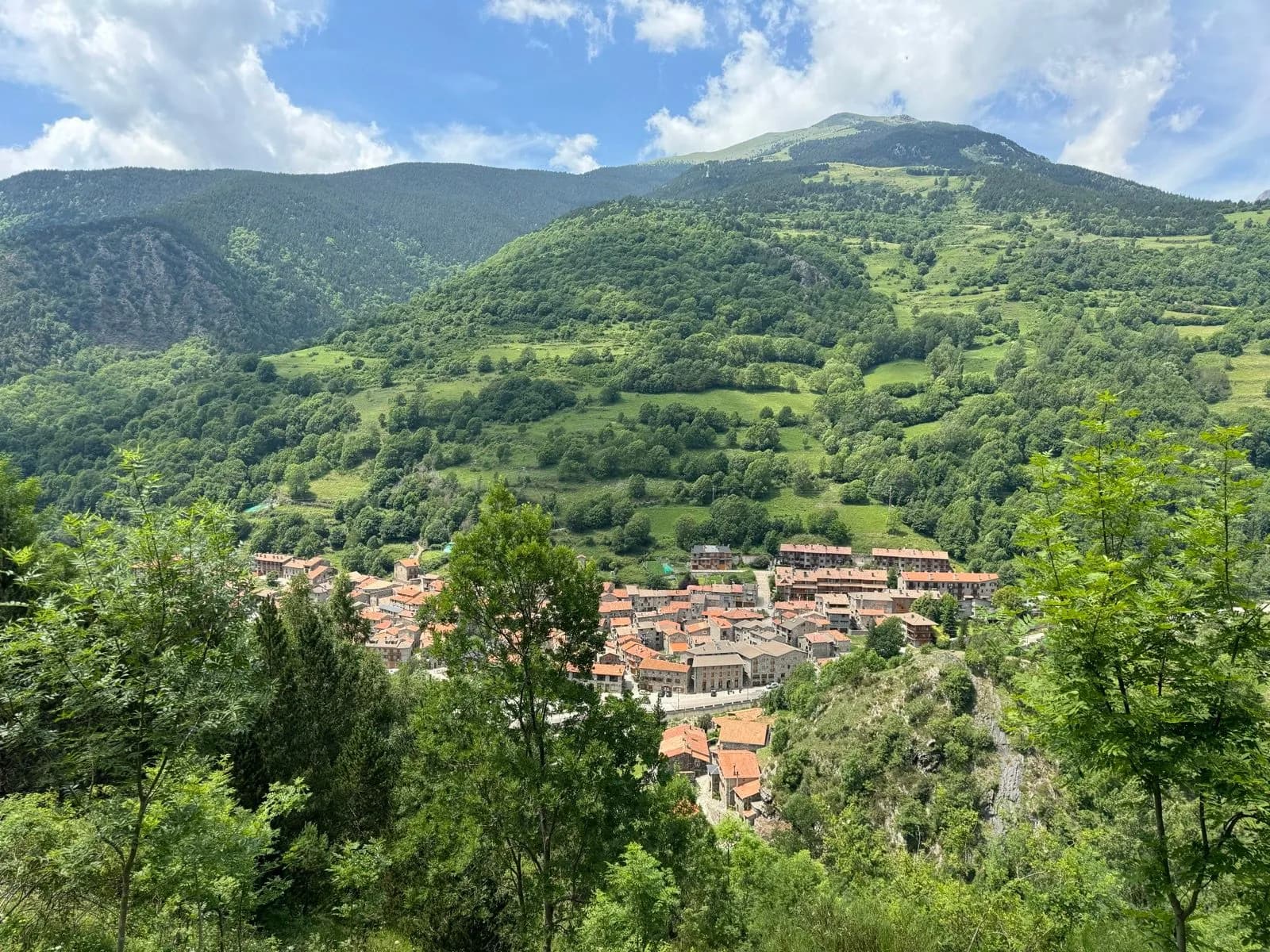 Mountain village nestled in lush green valley under blue sky with white clouds