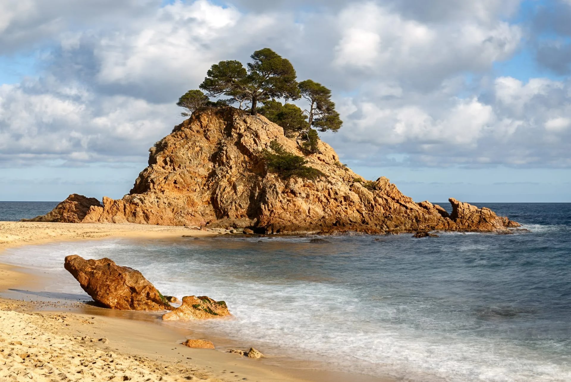 A pine topped rock stack standing off a sandy beach on the Costa Brava at Cap Roig